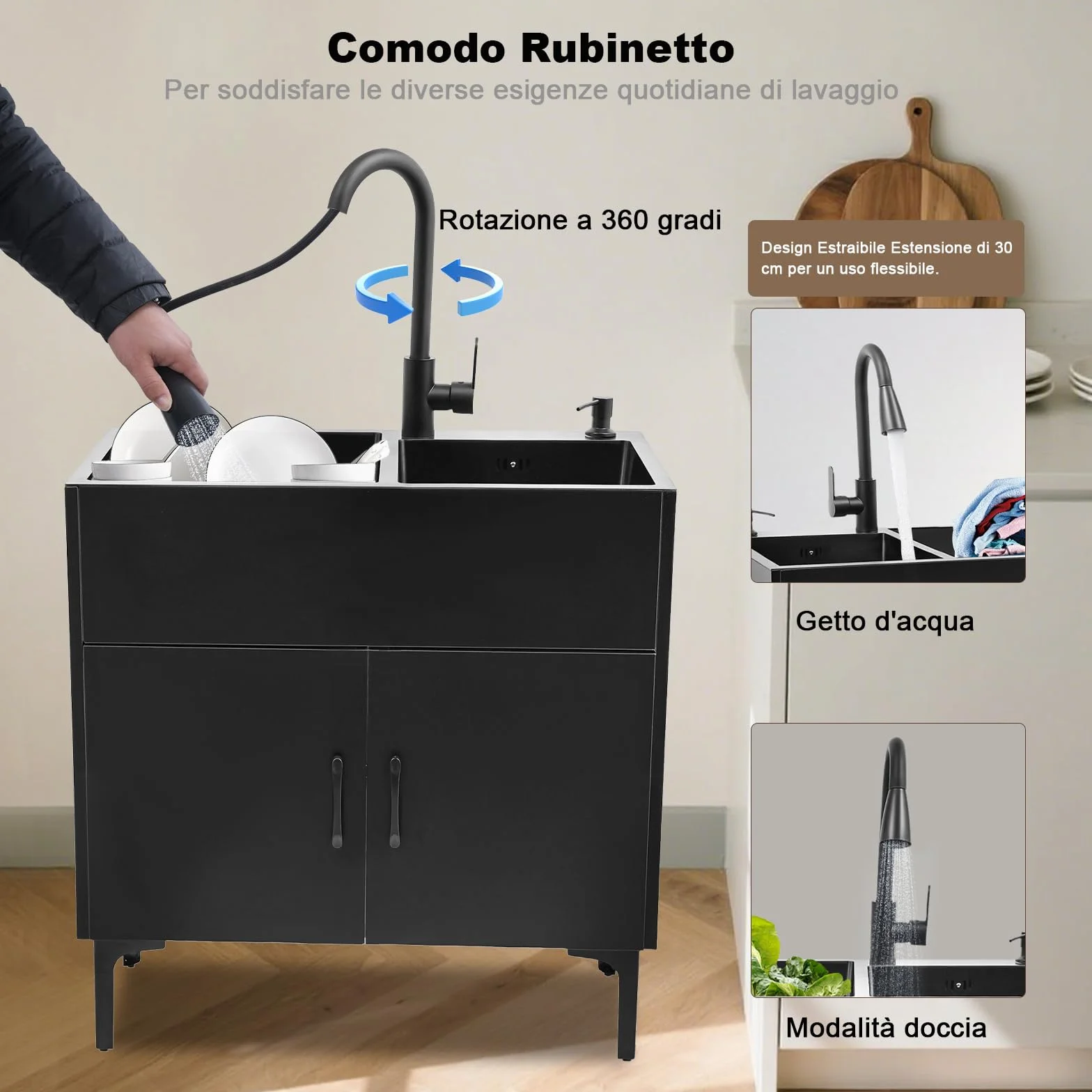 Lavello da cucina autoportante, lavello per bucato con armadio in legno, lavello in acciaio inox con doppia vasca, lavello a 2 vasche con rubinetto estraibile, scolapiatti, dispenser di sapone (nero