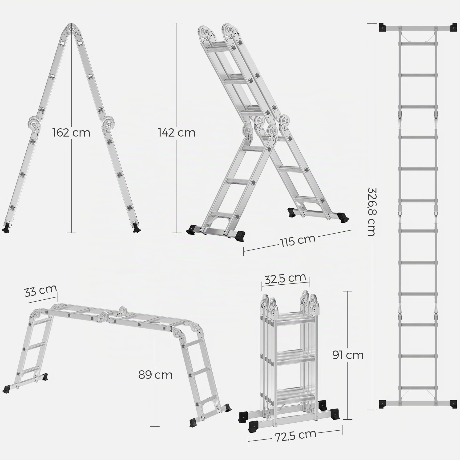SONGMICS Scala Multifunzione in Alluminio, Scala a Gradini, Scaletta Domestica, 4 x 3 Gradini, fino a 150 kg, 12 Gradini, Design 6-in-1, Lunga 326 cm, Colore Argento GLT36M