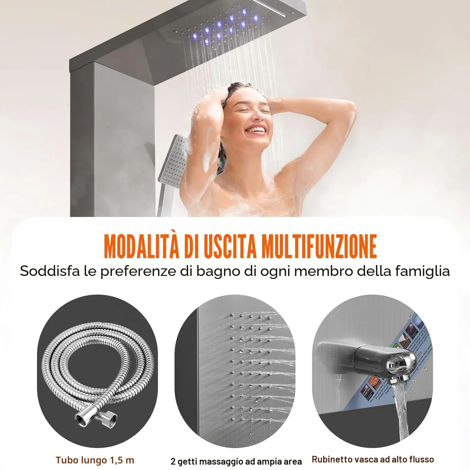 VEVOR Pannello Doccia 5 Modalità, Torre Doccia LED, Pioggia, Cascata, 2 Getti Massaggianti, Bocca Vasca, Soffione Mano, Argento Spazzolato