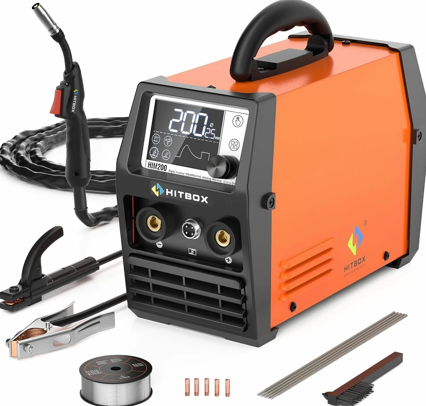HITBOX Saldatrice a Filo 200A 4-in-1 Portatile - 230V MIG Senza Gas, ARC, LIFT TIG, Spool Gun, LED Display Digitale, Ideale per Principianti e Hobby(HIM200)