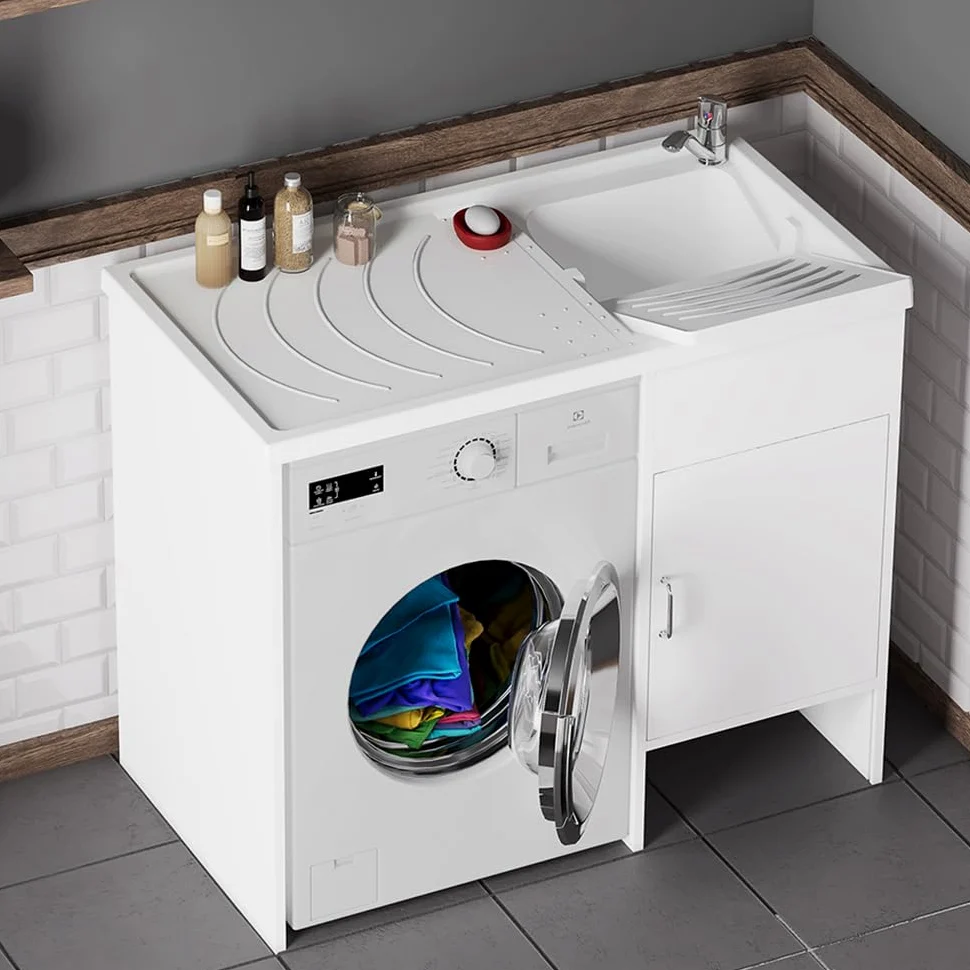 Inbagno Lavatoio e Coprilavatrice con Mobile in PVC 109x60x85 cm Bianco Vasca Destra
