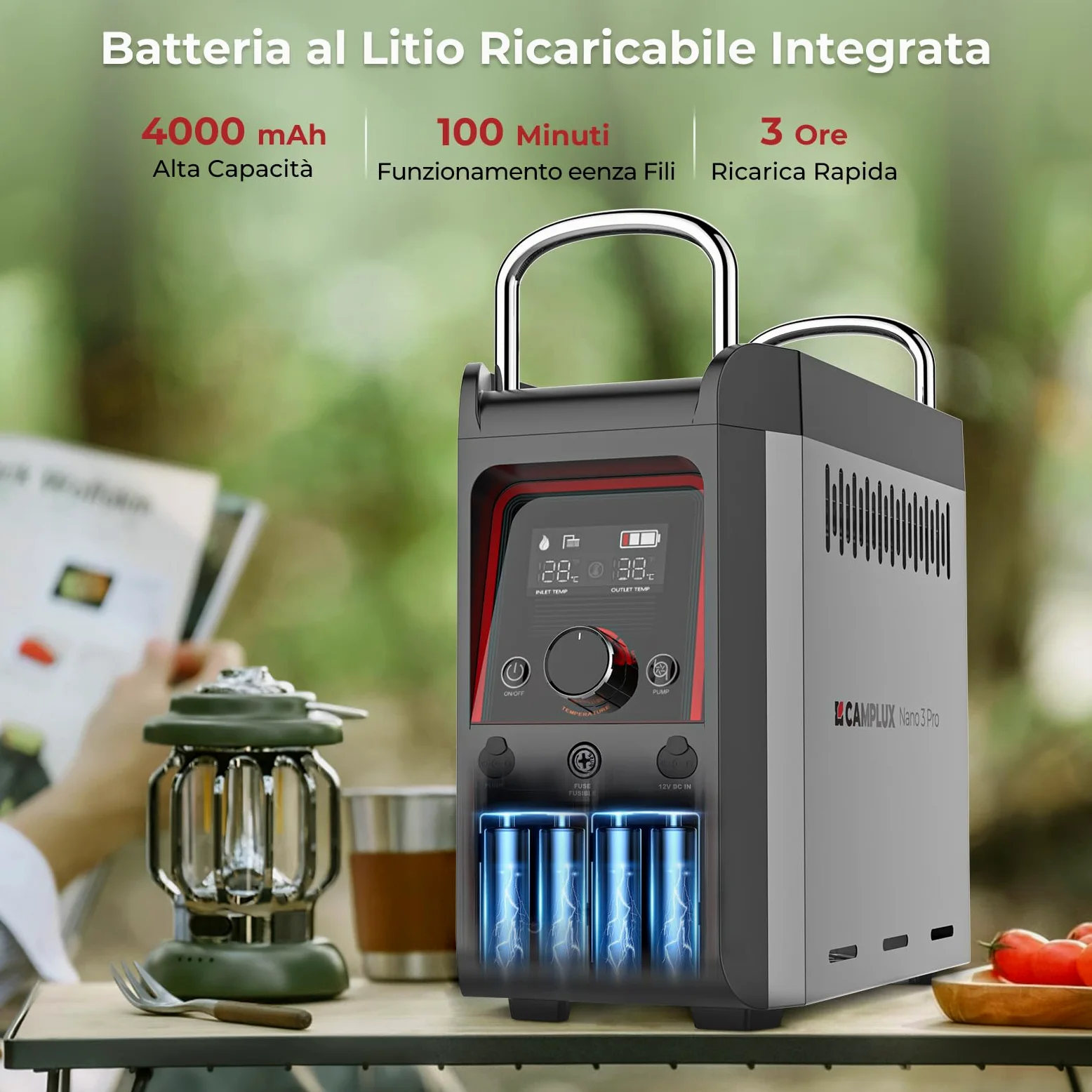 CAMPLUX Nano 3 Lt Scaldabagno a Gas Portatile con Pompa dell'acqua, GPL, 50mbar, 12V, per Doccia Esterna, Campeggio, Nano 3 Pro-DE