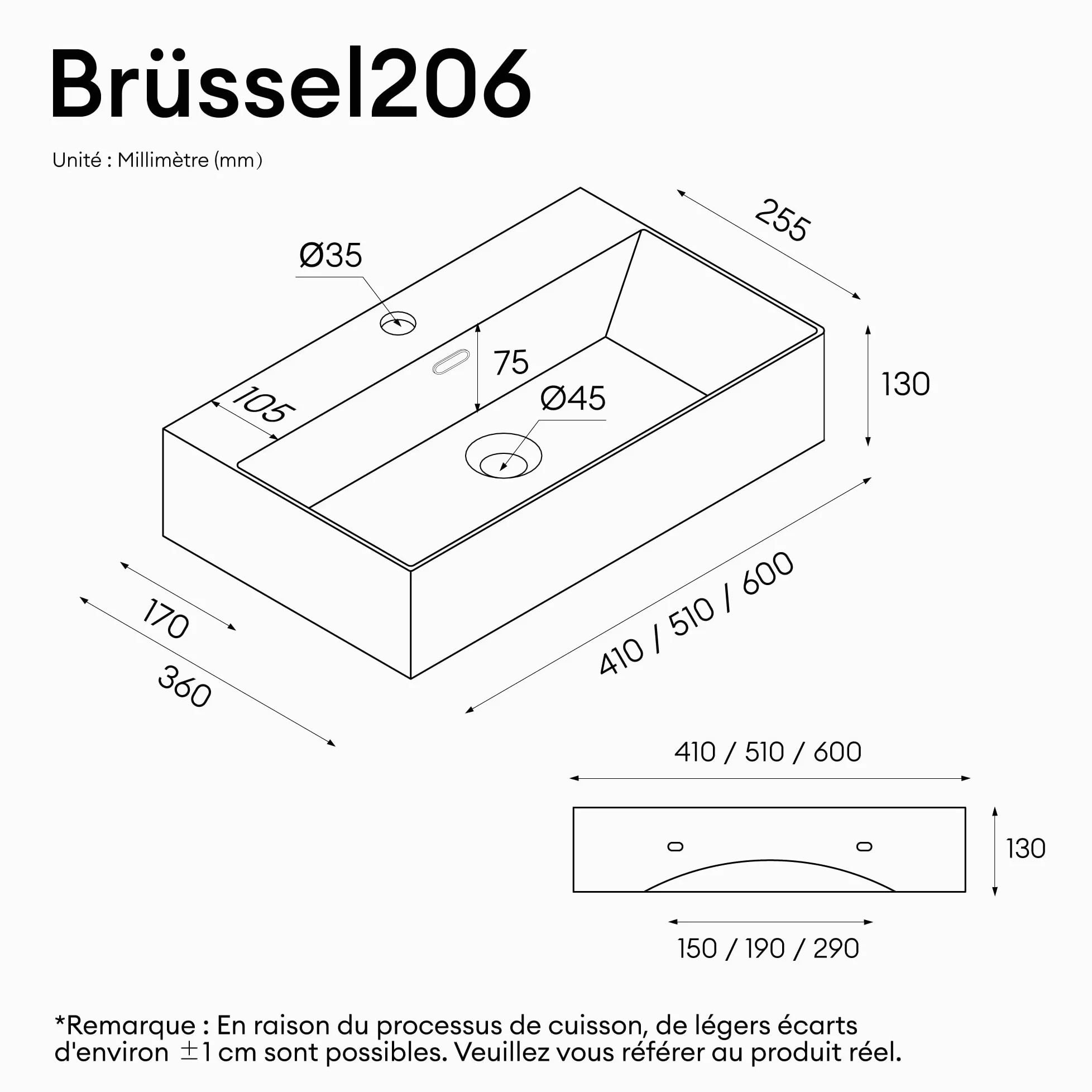 doporro Lavabo Bagno in Ceramica Bianco Lucido 60x36x13 cm – Lavabo Sospeso o da Appoggio Piccolo con Foro Rubinetto e Troppopieno, Brüssel206
