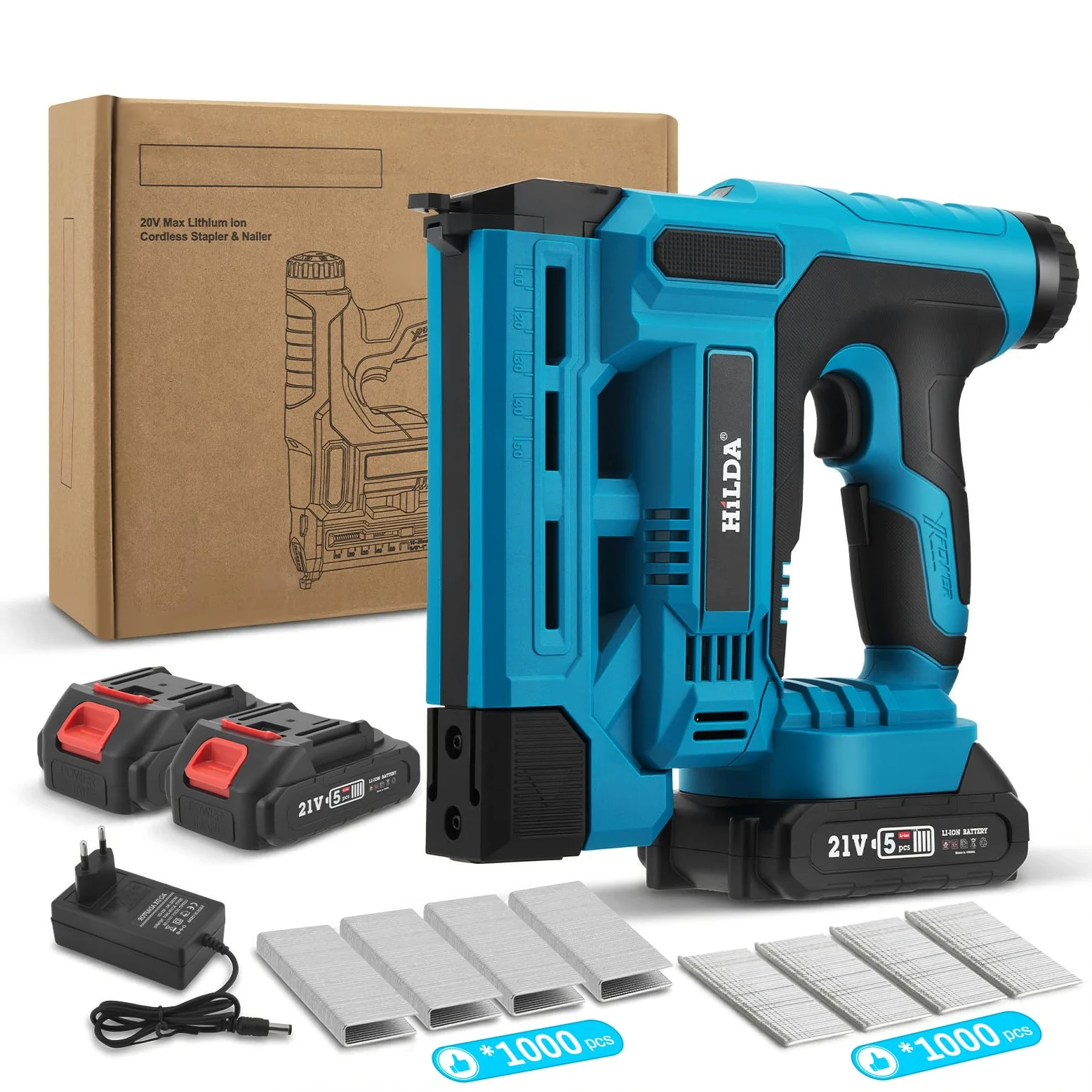 Set di chiodatrice elettrica a batteria Chiodatrice e graffatrice 2 in 1 con 2 batterie da 2.0Ah, 1000 chiodi/graffette inclusi - Profondità di chiodatura regolabile lavori di falegnameria e fai da te