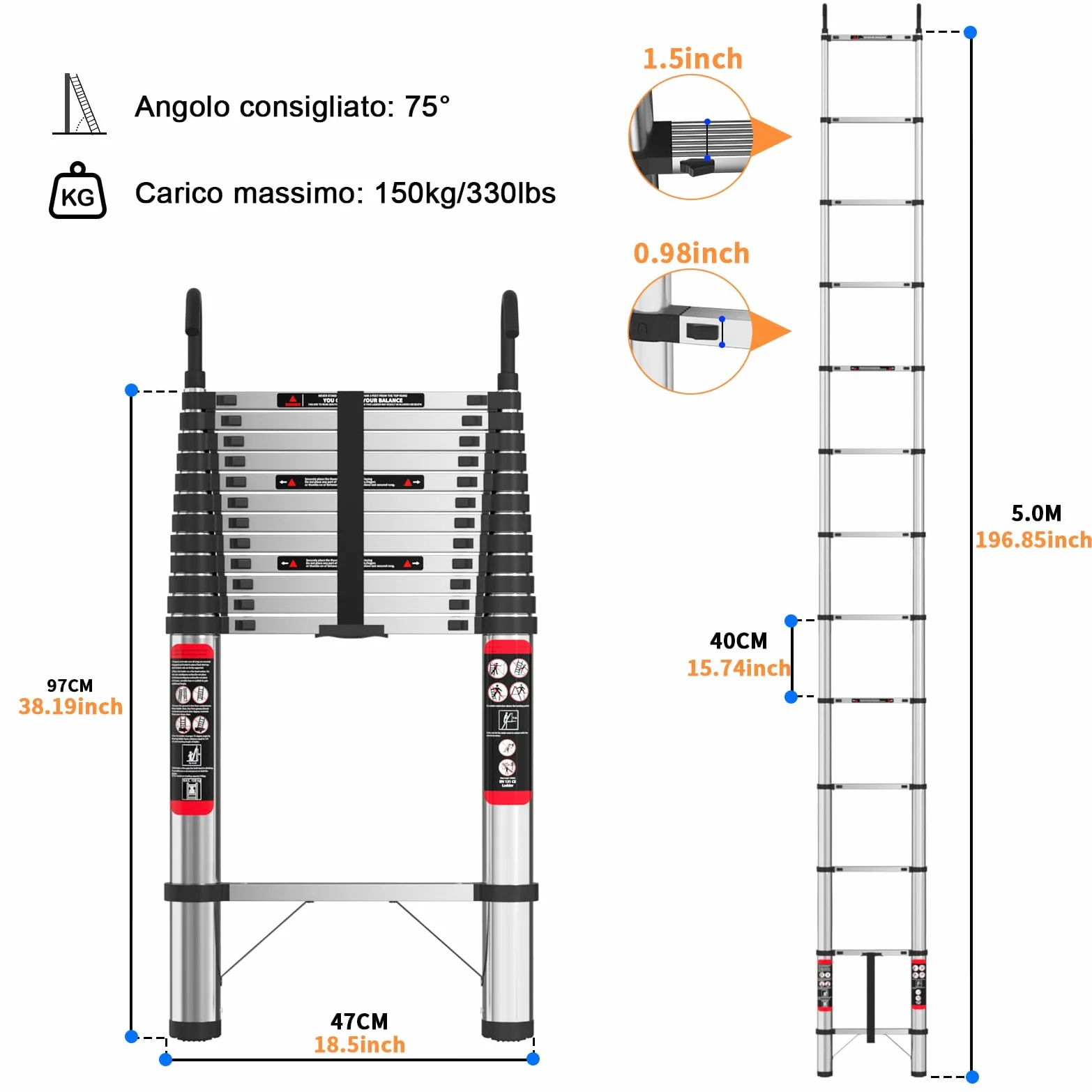 Scala Telescopica 5 Metri con Gancio, Scala Pieghevole Portatile con Piedini Antiscivolo, Estensibile & Altezza Regolabili, Scale Allungabile per Casa, Giardino, Coperture e Camper