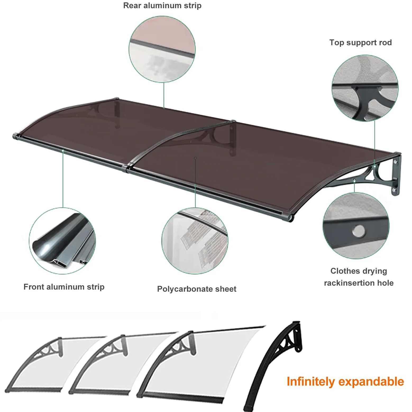 Pensilina Tettoia per Porta e Ingresso in Alluminio,Tende da Sole Marrone,Tendone in Policarbonato Curvo,Garden Pensilina da Esterno,Resistente ai Raggi UV Antipioggia (50x280cm)