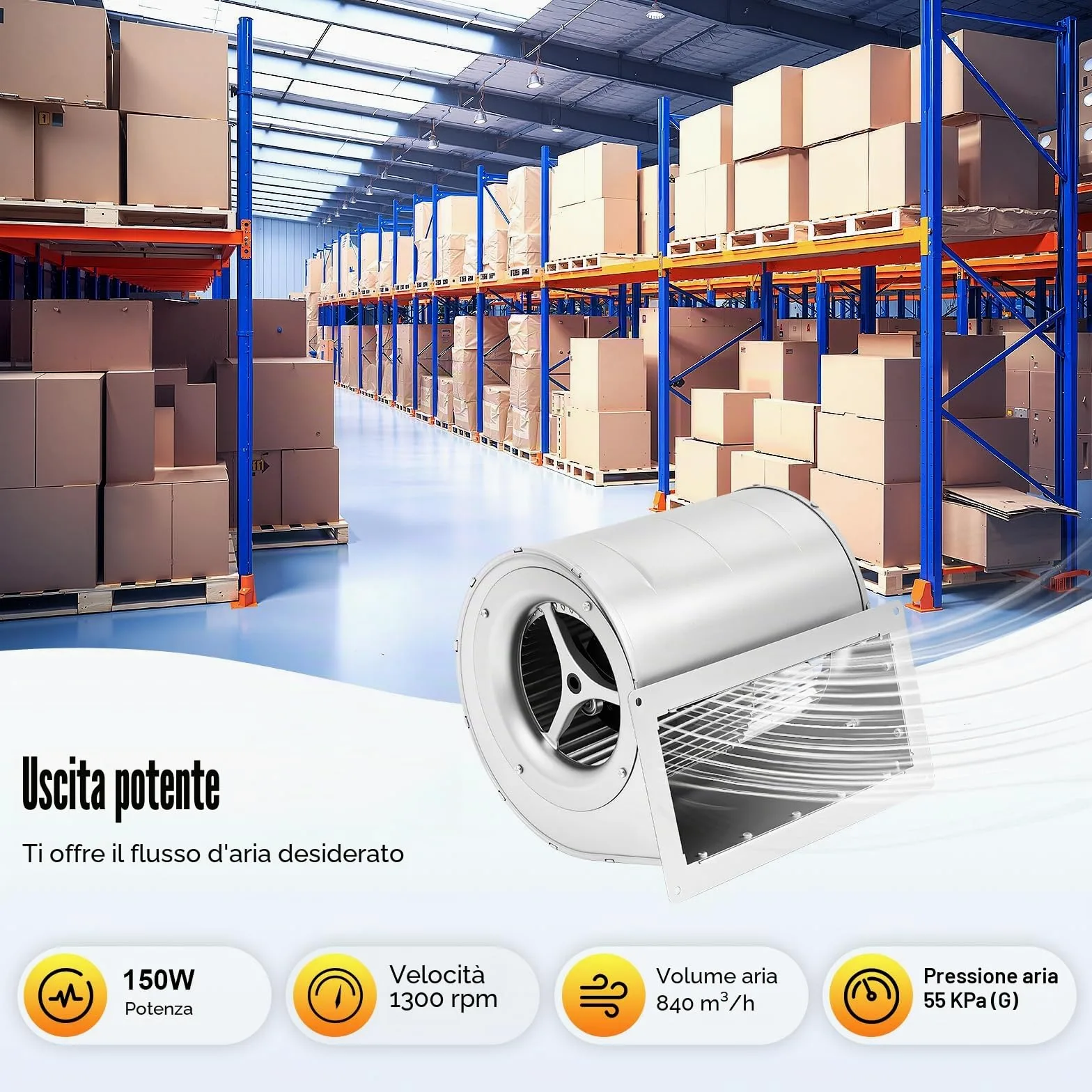 Ventilatore centrifugo Ventola radiale industriale 150W 220V, 60 dB,1300rpm, 840 m³/h, per ventilazione, raffreddamento essiccazione di fabbriche ed edifici Bocchetta 230x99mm