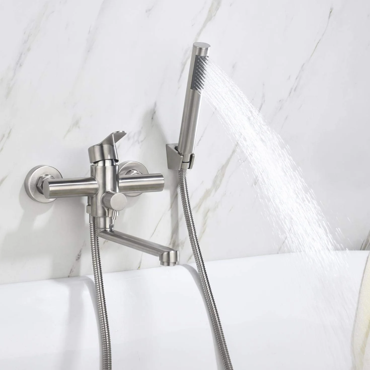 HomeLava Rubinetto per Vasca da Bagno con Doccetta Miscelatore Monocomando da Parete in Acciaio Inox Spazzolato con Deviatore Miscelatore Monocomando con Tubo Doccia da 1,5 m.