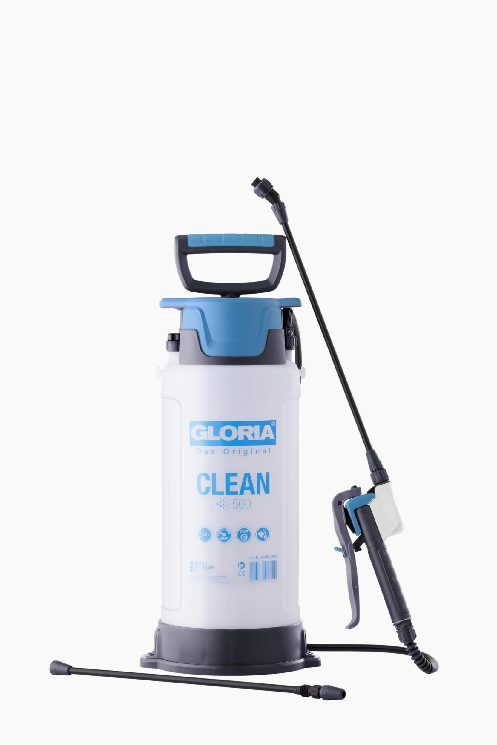 Gloria Spruzzatore a pressione CLEAN 500 | 5 l spruzzatore professionale per la pulizia | per acidi, alcali e detergenti (pH 2 – 12) | Include lancia di prolunga | guarnizioni EPDM | Spruzzatore a