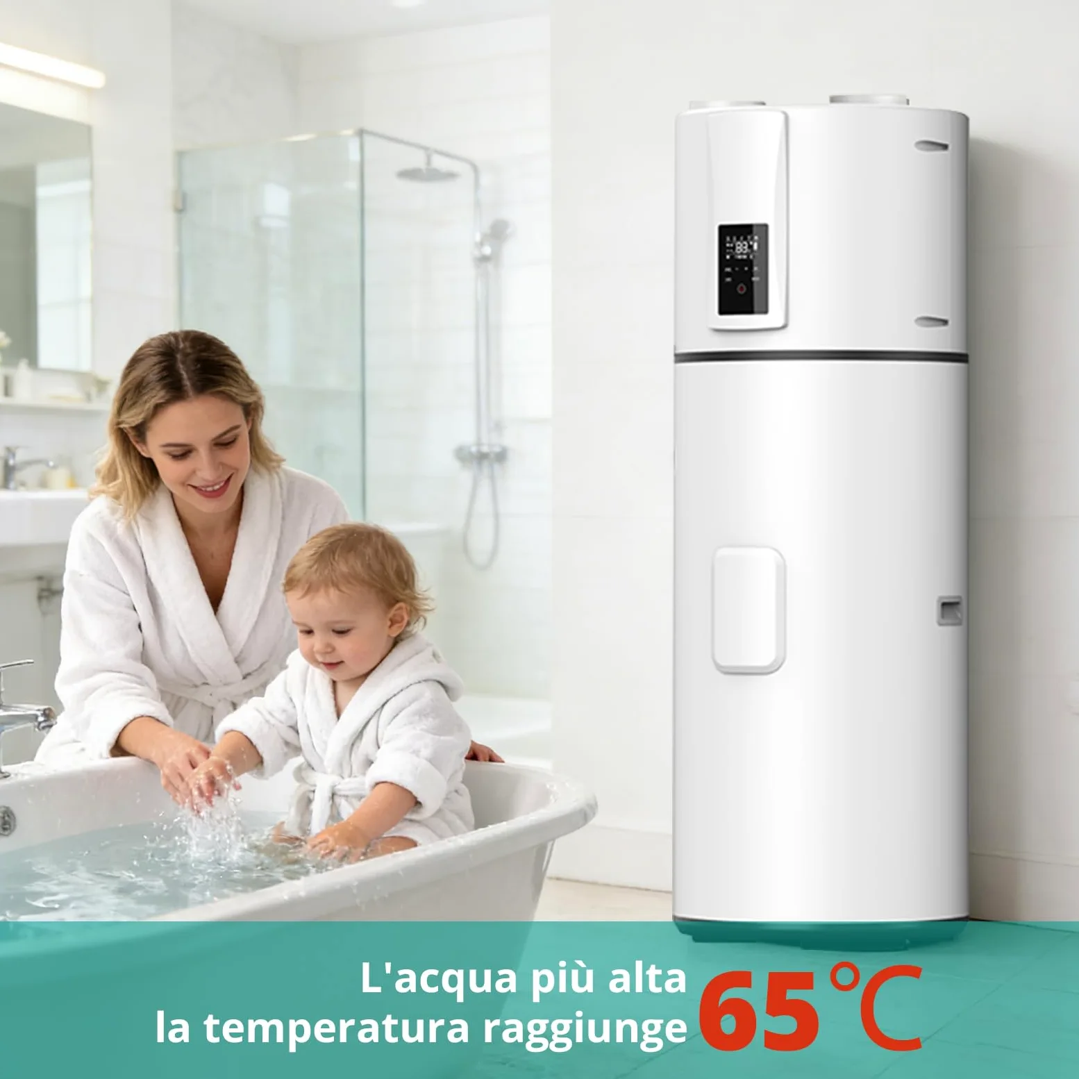 Pompa di calore verticale 240 L, R290 Pompa di calore ad aria per ville, alberghi, case vacanze, commerciali ed esterni, silenziosa 50 dB, riscaldamento rapido a 75 °C, WiFi, compatibile con solare