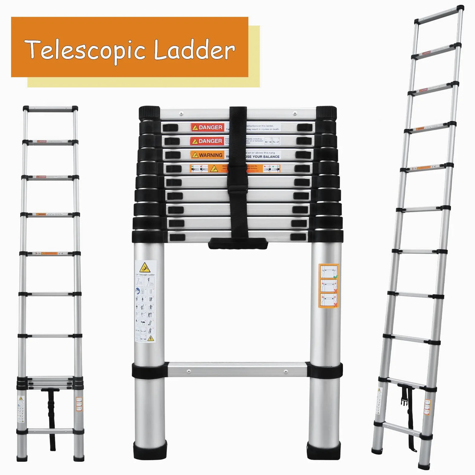 Scala telescopica multiuso in alluminio leggero, da 3,2 m, portatile, allungabile, resistente