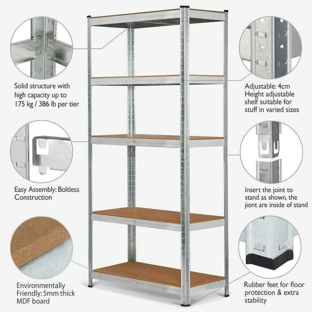 Scaffalatura per garage a 5 ripiani, resistente, 150 x 70 x 30 cm, in metallo, capacità 875 kg, montaggio senza bulloni, versatile, per officina, cucina, soggiorno, scaffali multiuso