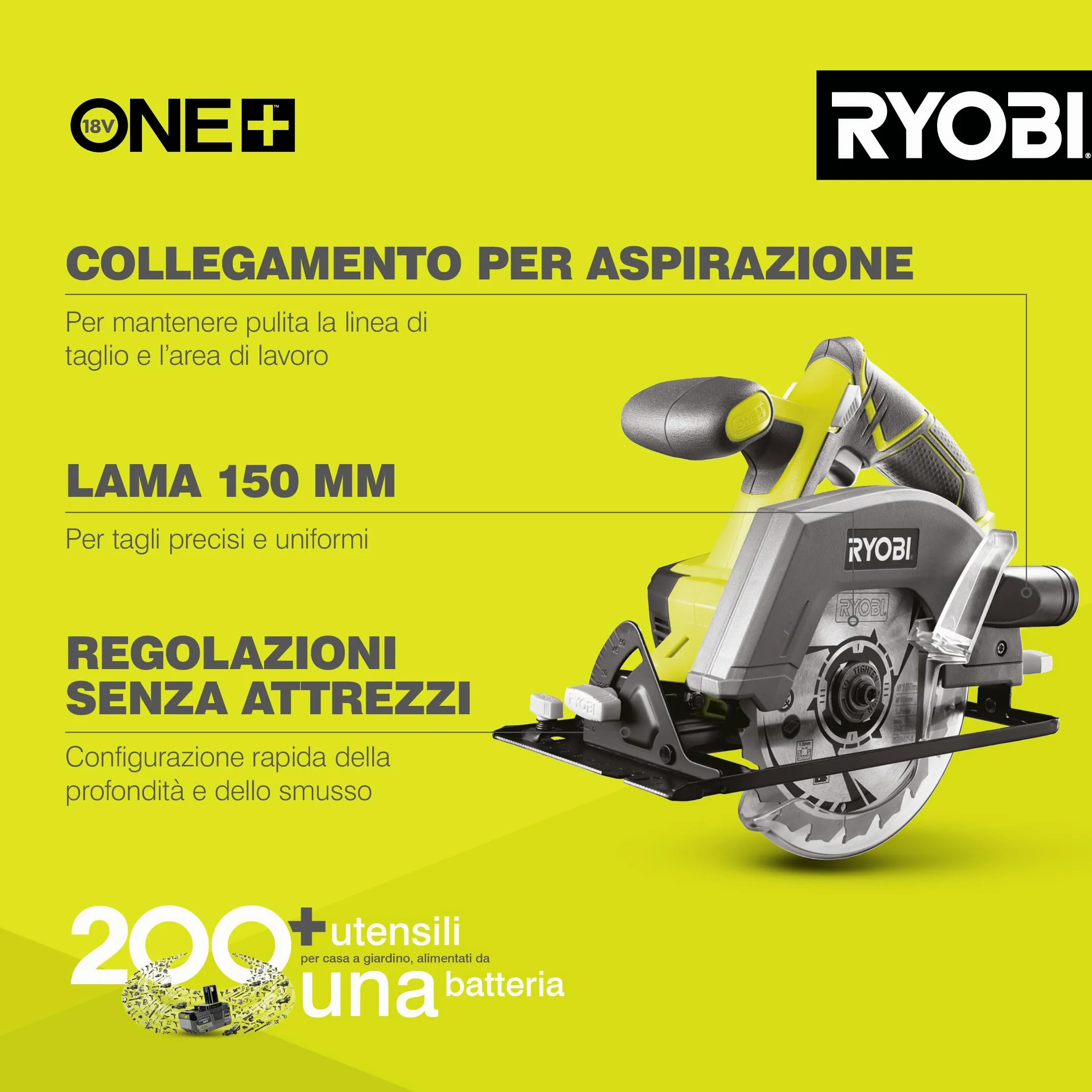 Ryobi R18CSP-0 Sega Circolare a Batteria 18V ONE+, Batteria Non Inclusa, Diametro Lama 150mm