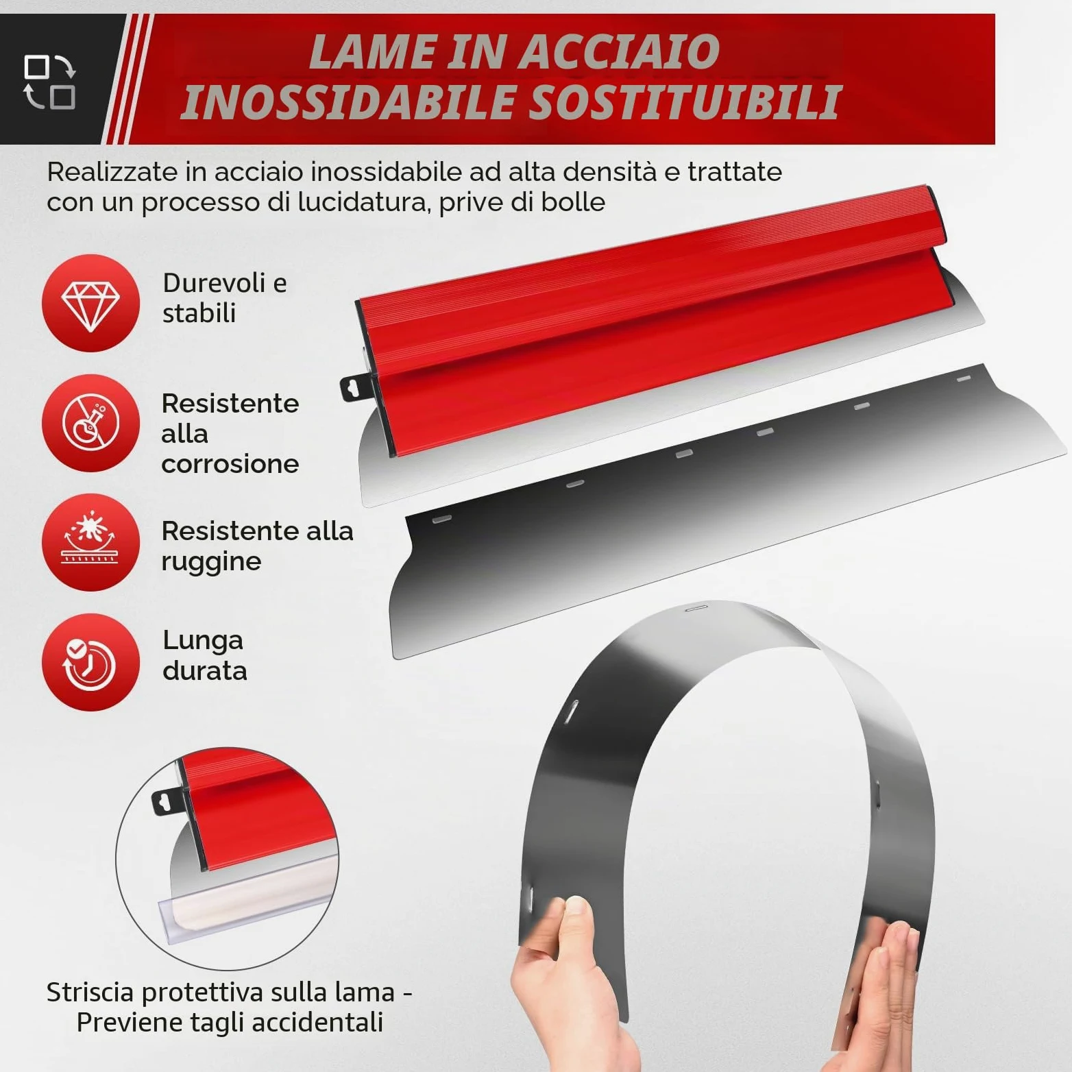 Set di spatole per superfici,inclusi 5 raschietti superfici 190 mm a mezzaluna 250 mm 400 mm 600 mm 800 mm con lame di ricambio 2 raschietti manuali asta telescopica in alluminio Spatula (Rosso)