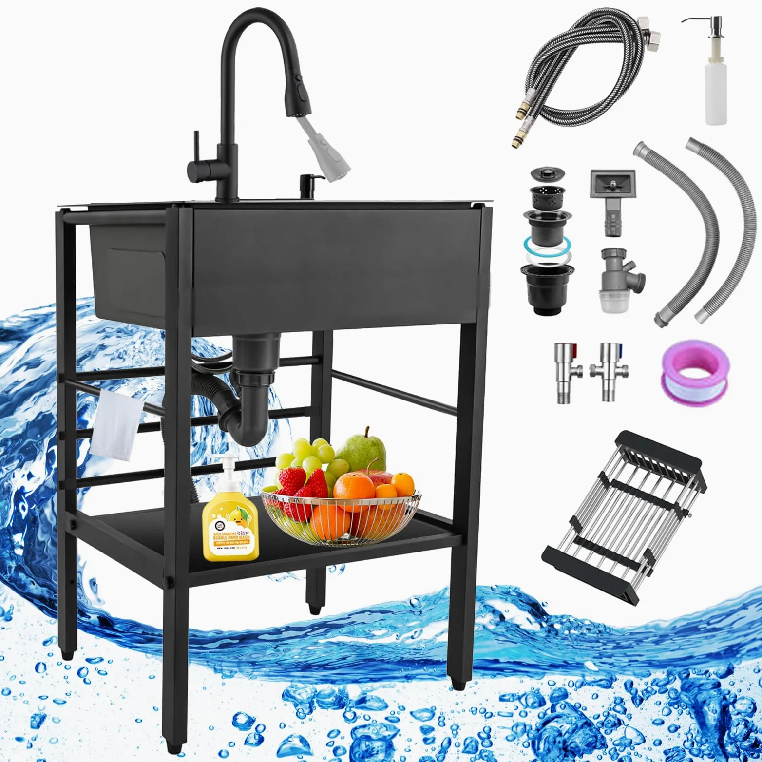 60x45x86cm Lavandino da Esterno, Witriolik Lavello da Esterno Nero con Scolapiatti e Kit di scarico e Rubinetto Alza/Estraibile, Lavello Cucina Professionale per Garage, Ristorante, Cucina, Lavanderia