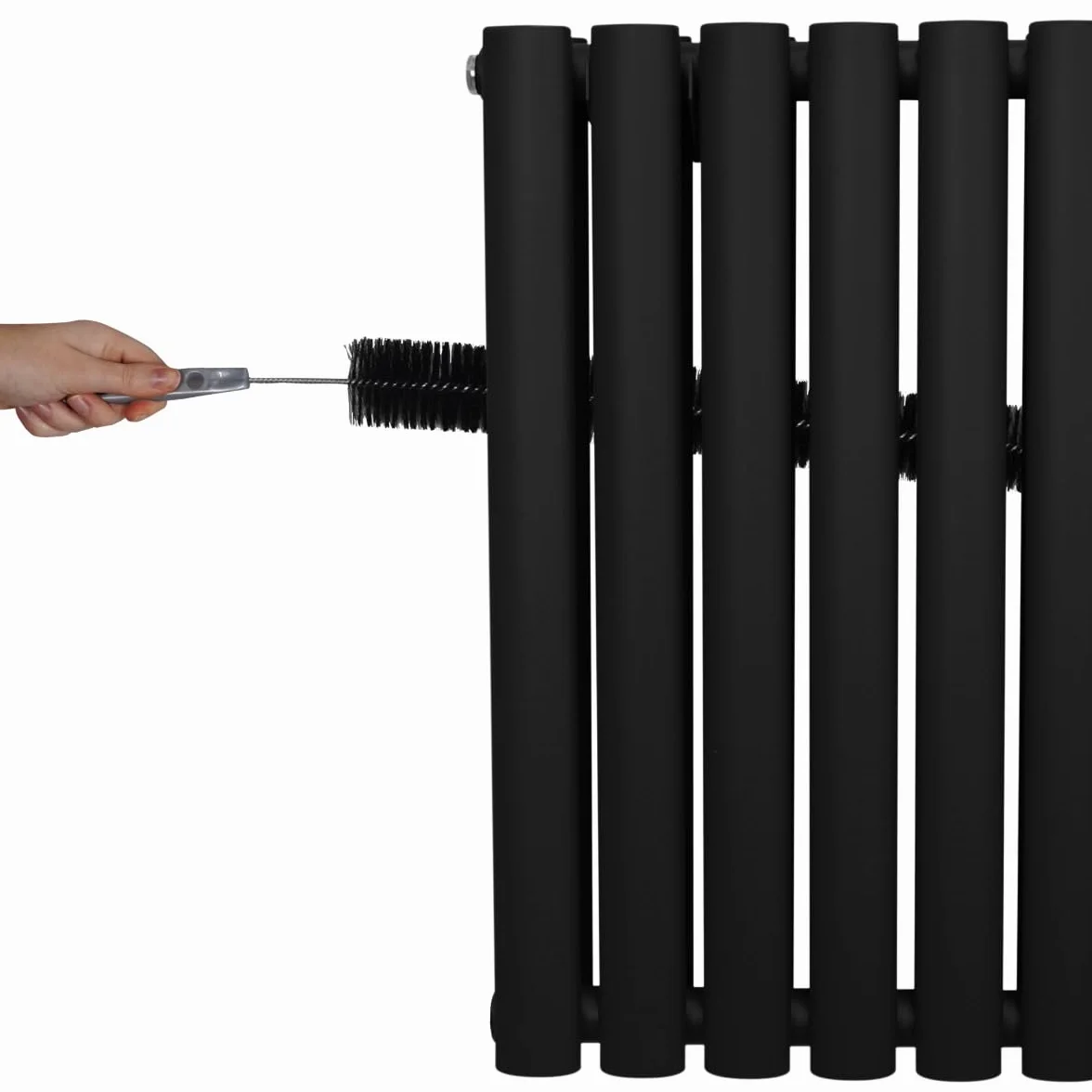 Radiatore a colonna ovale 600 mm x 600 mm Designer Doppio pannello Termosifone Nero Acciaio Inclusi Spazzola per la pulizia Kit di fissaggio e staffe