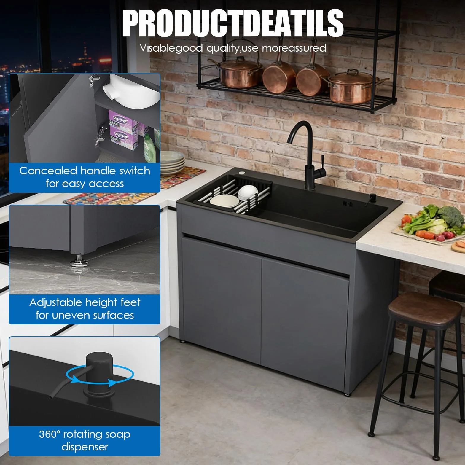 Lavabo Indipendente in Acciaio Inox con Rubinetto Estensibile e Tubi Dell'acqua Calda e Fredda, Lavello da Cucina con Armadio Contenitore e Scolapiatti per Esterni, Interni, 68 CM/80 CM