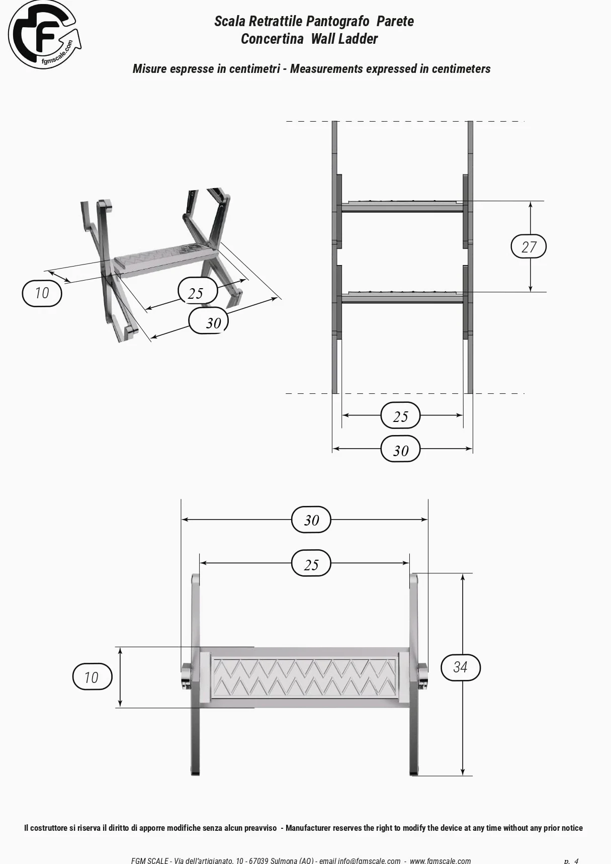 Scala Retrattile Pantografo Parete | Gradino Lato 60 | Misura 60x90 H=276-300 cm