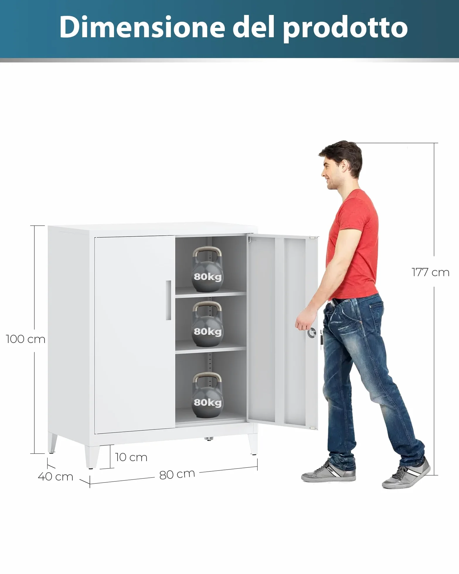 Armadietto in Metallo, Armadietto per Garage con Chiusura a Chiave, con 2 Ripiani per Ufficio con Ripiani Regolabili, per Ufficio, Garage e Ripostiglio, 40 x 80 x 100 cm, Bianco