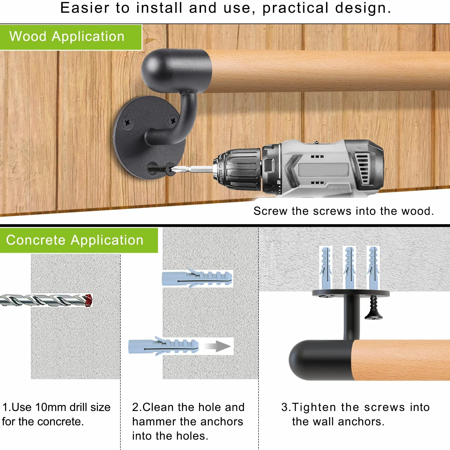 Dolibest Corrimano in Legno 150cm per Scale Interne Con Staffe in Metallo - Barra a Parete Senza Barriere per Anziani