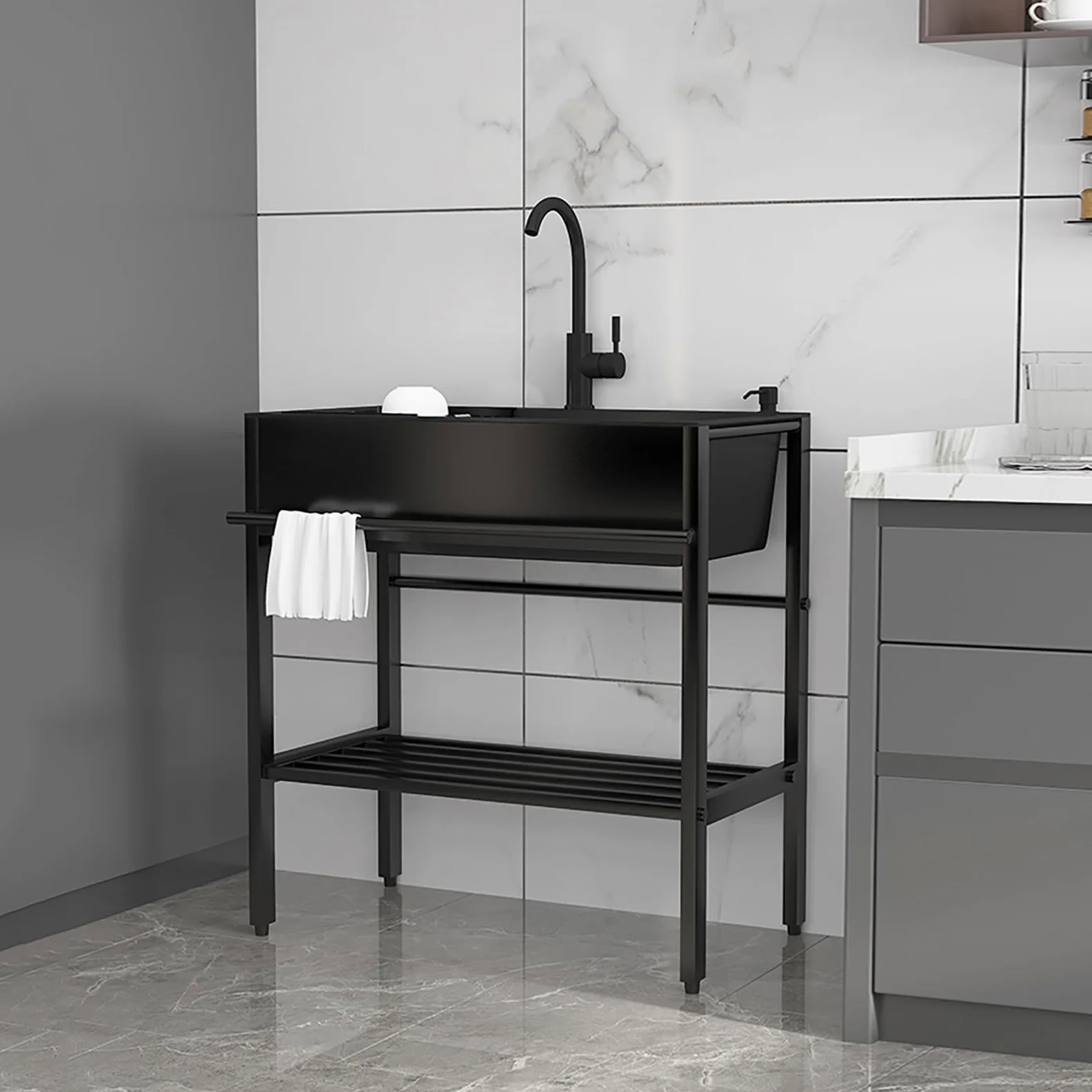 Lavello da Cucina Multiuso Singola Ciotola in Acciaio Inox Commerciale con Rubinetti, Lavandino Autoportante per Lavaggio e Preparazione, Ideale per Interni ed Esterni, Lavandini per Utilità in