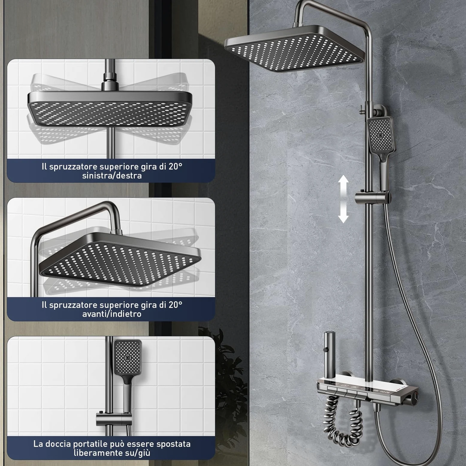 Sistema Doccia con Termostat con display digitale a LED, soffione doccia XL a pioggia, doccetta, getto ausiliario e rubinetto a cascata – Acciaio inossidabile – Colonna Doccia Regolabile