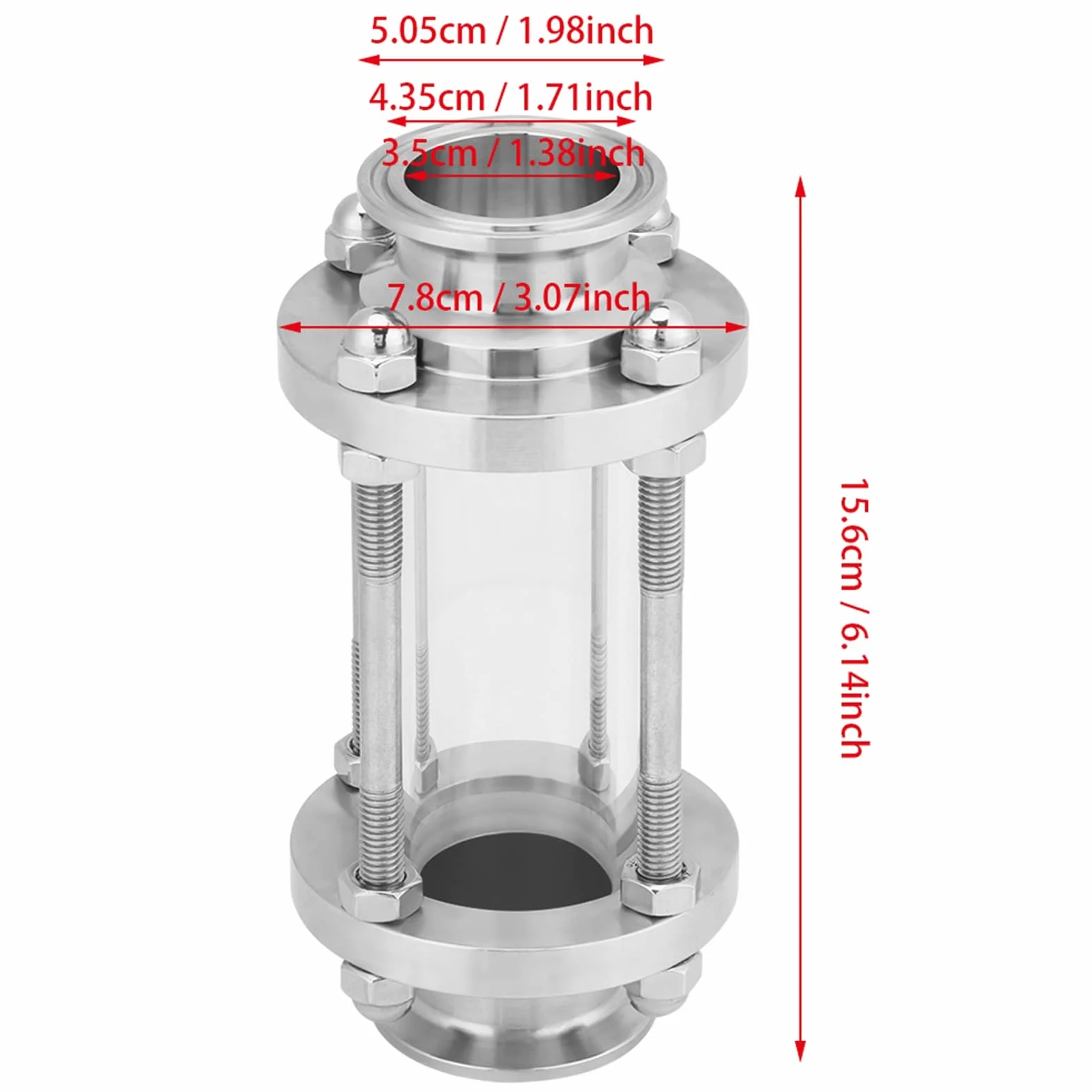 Spia di Flusso per Sanitari, 1,5" 1-1/2" 38MM Flusso Sanitario Vetro Dritto Tri Morsetto Tipo Acciaio per Applicazioni Ad Alta Purezza E Osservazione di Fluidi Inossidabile SS304
