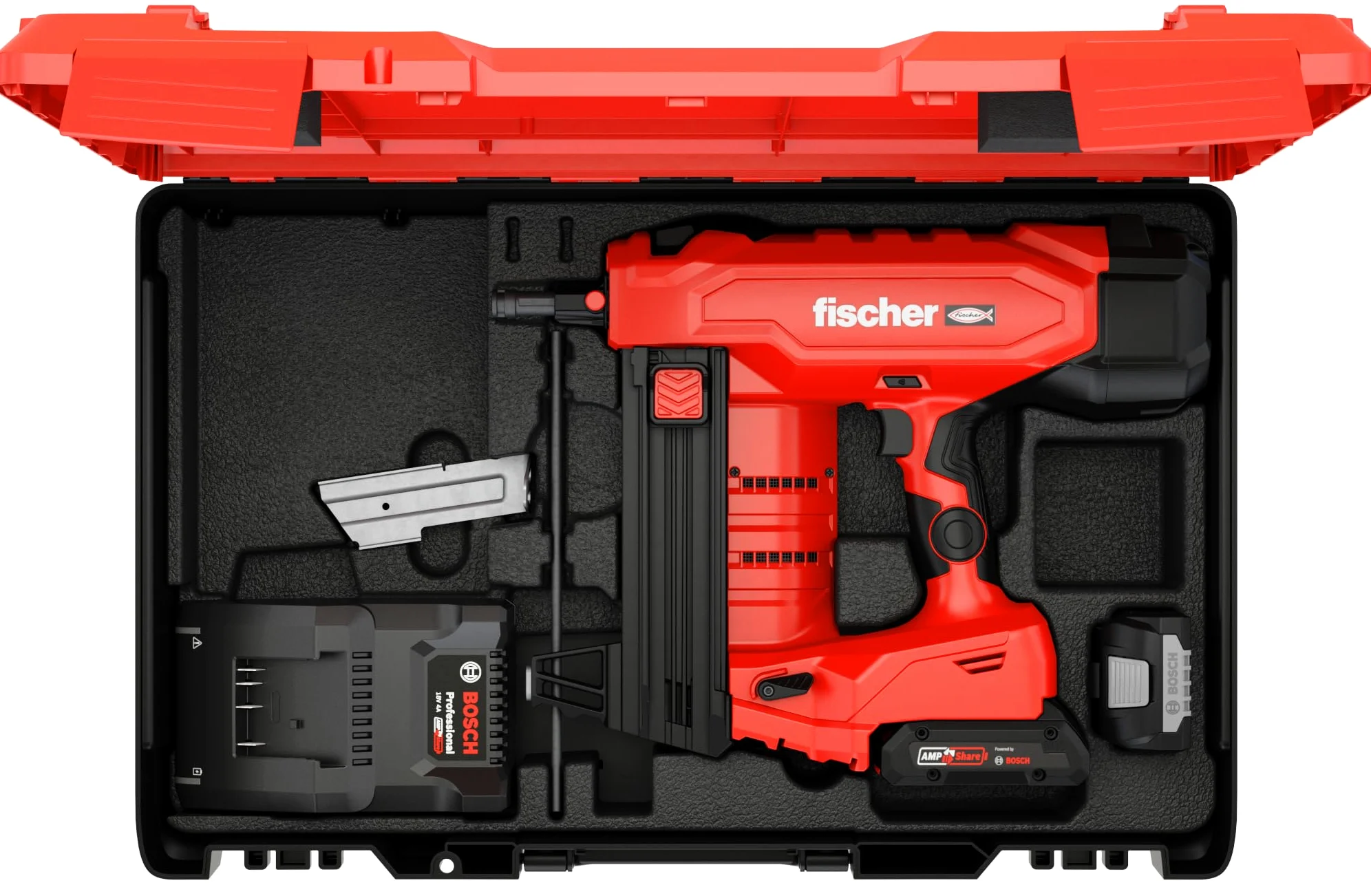 fischer Set di chiodi per calcestruzzo a batteria FXC 85, senza gas, AMPShare Alliance, con regolazione della profondità, per 500 chiodi per carica, con 2 batterie Bosch ProCore da 18 V e caricatore