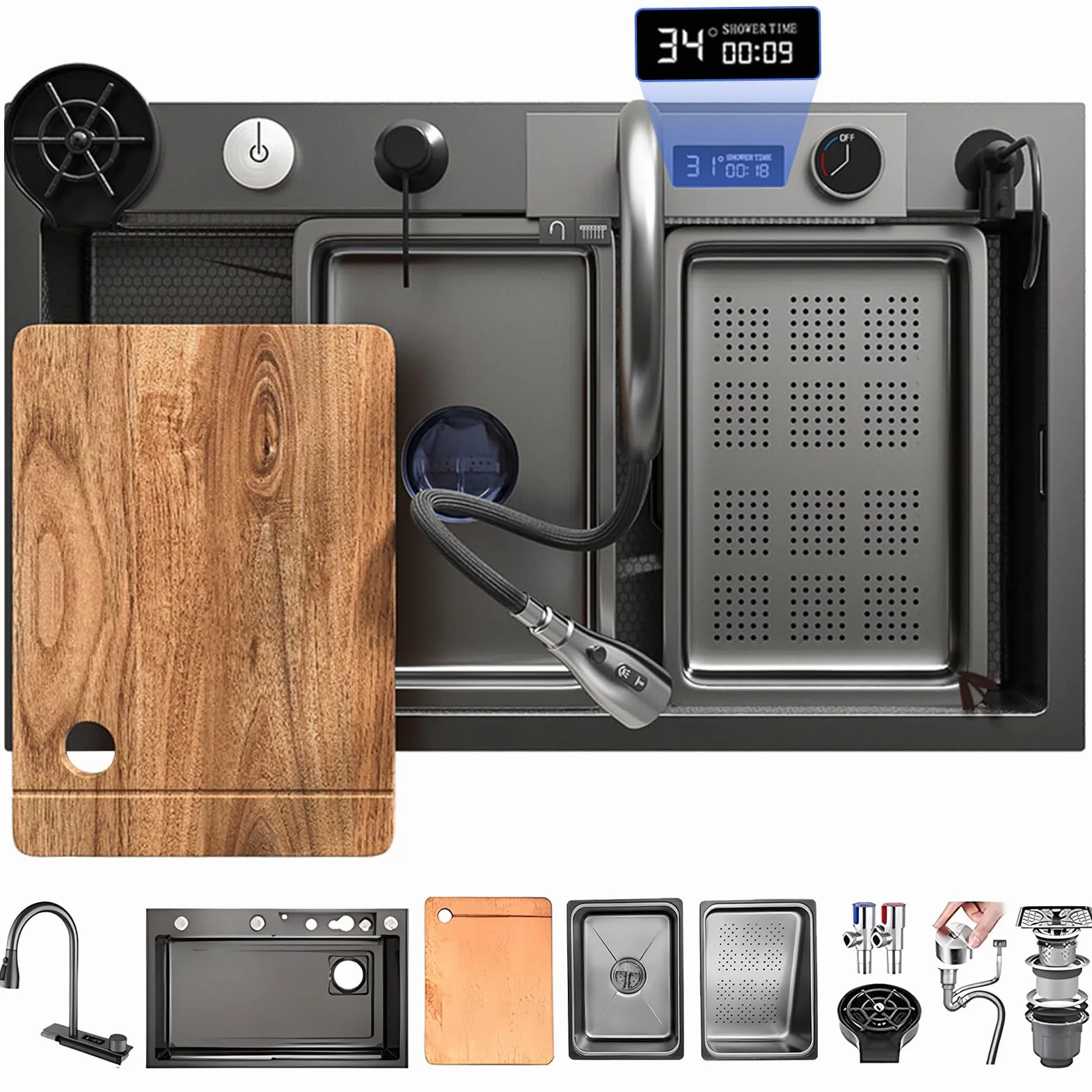 85x45cm Lavello da Cucina In Acciao Inox Da Appoggio Nanorivestito, Lavello da cascata nero con Rubinetto Estraibile, lavello da cucina multifunzione, Lavello per Lavastoviglie Domestico