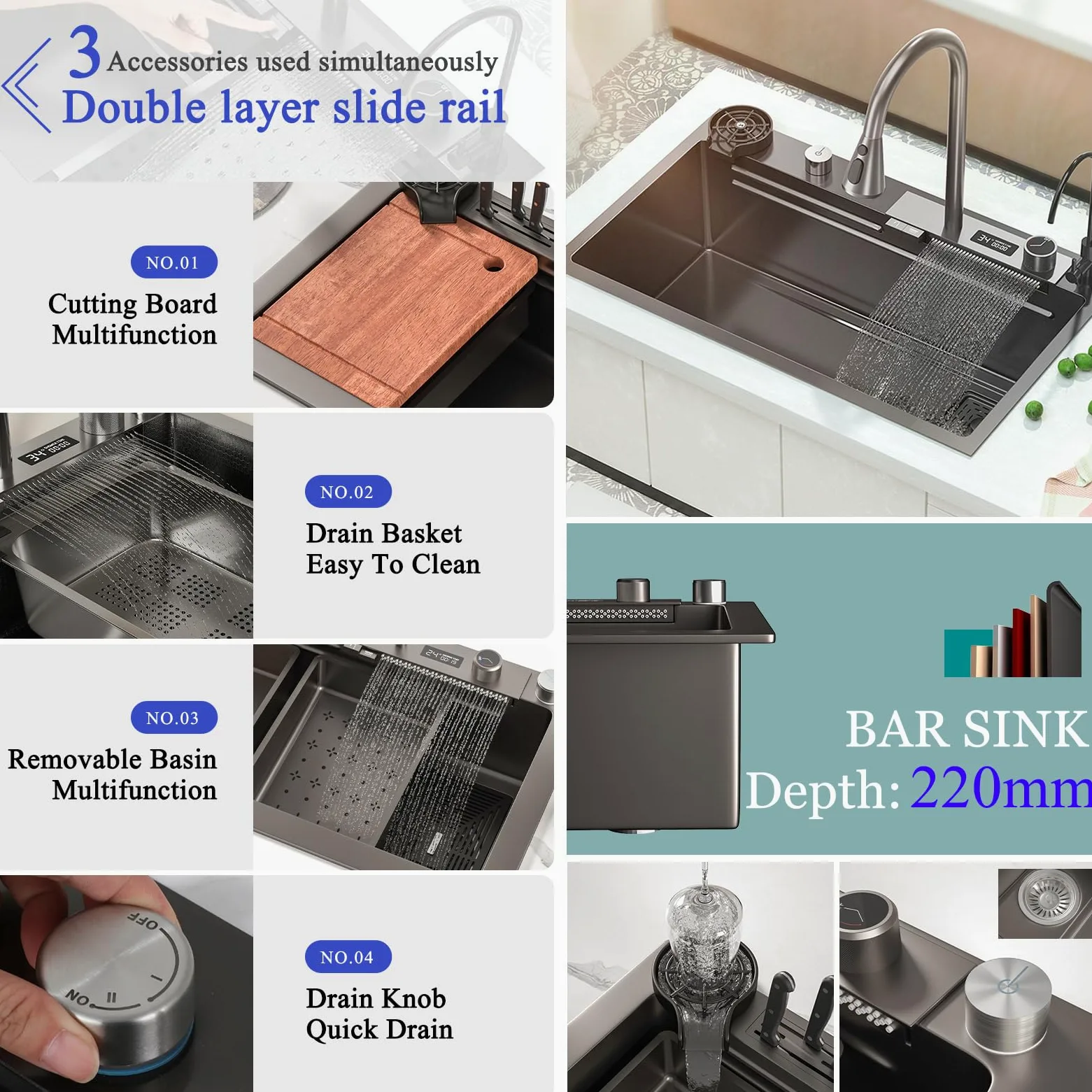 lavello cucina 85x50 da cascata nero, lavello da cucina con Può visualizzare la temperatura dell'acqua, lavello domestico set, lavandino del bar multifunzionale