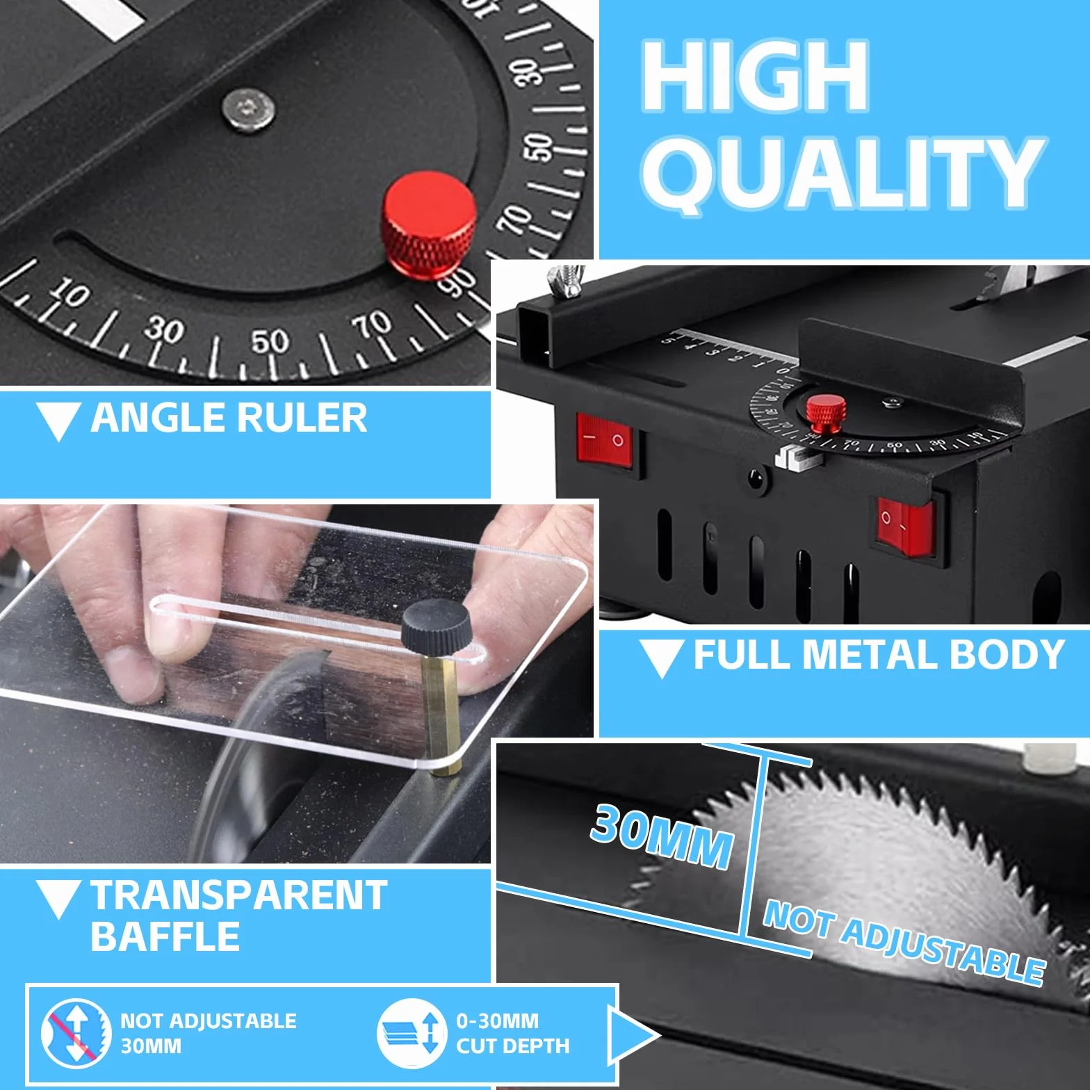 Mini Sega Circolare da Tavolo, Sega Circolare Compatta con Levigatrice a Nastro, 200W Multifunzionale Portatile per DIY, Segada Tavolo Miniatura con 4 Lame, Profondità di Taglio 0,1-30mm per Lavori