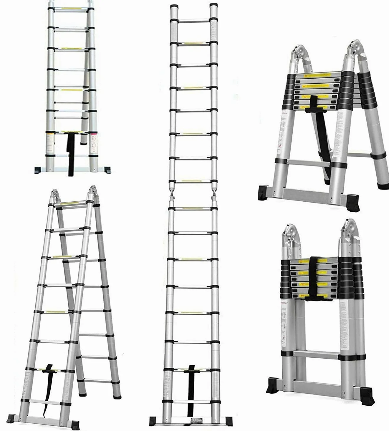 5M Scala Alluminio Telescopica Pieghevole(2.5M+2.5M), Portable Estensione Scala Retrattile per Soppalco Esterno, Scaletta Pieghevole Scala Multiuso 16 Gradini, Norme EN131, Capacità 150kg