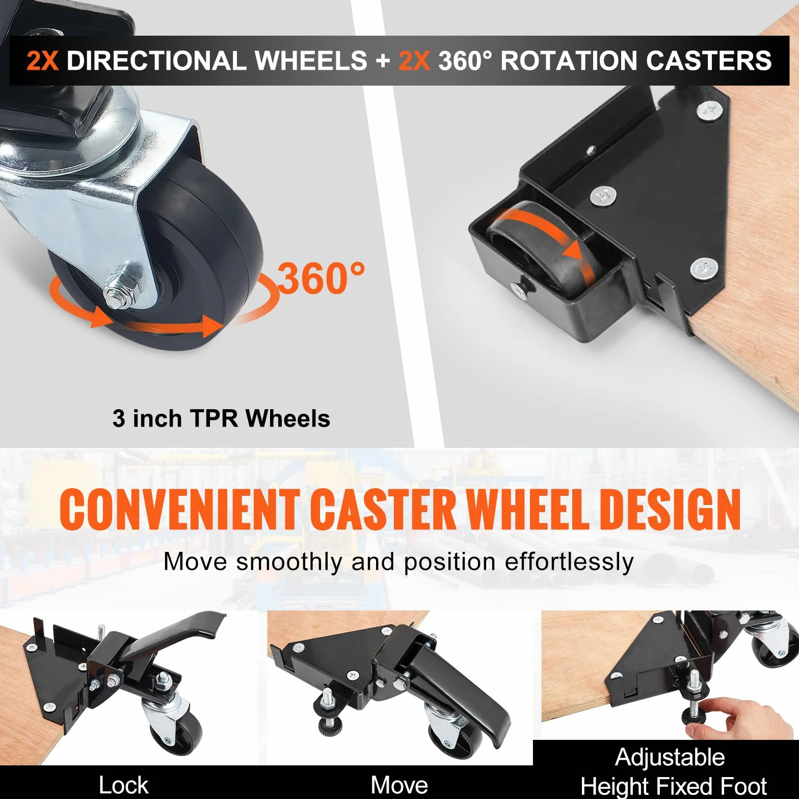 VEVOR Kit di Base Mobile per Carico Pesante 181,4 kg, Supporto Universale con Rotelle 241,3x241,3 mm, Ruote Girevoli, Attrezzi per Base per Attrezzature Lavorazione Legno Lavatrice Mobili Pesanti