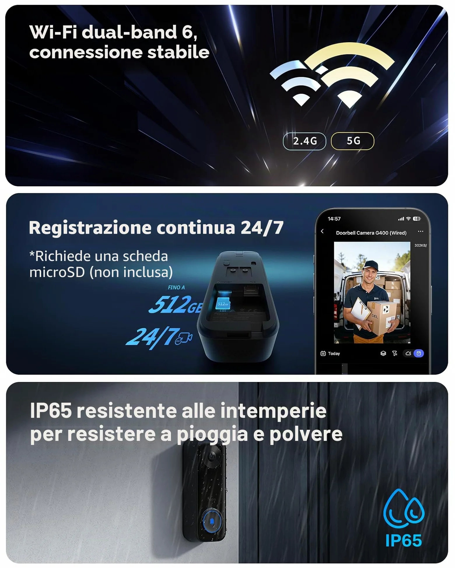 Aqara 2K Video Campanello G400 con Suoneria, Cablato/PoE, HomeKit Secure Video, Audio Bidirezionale, Wi-Fi 6 2,4/5GHz, Supporto Alexa/Google/SmartThings, Rilevamento Locale & Registrazione 24/7, IP65