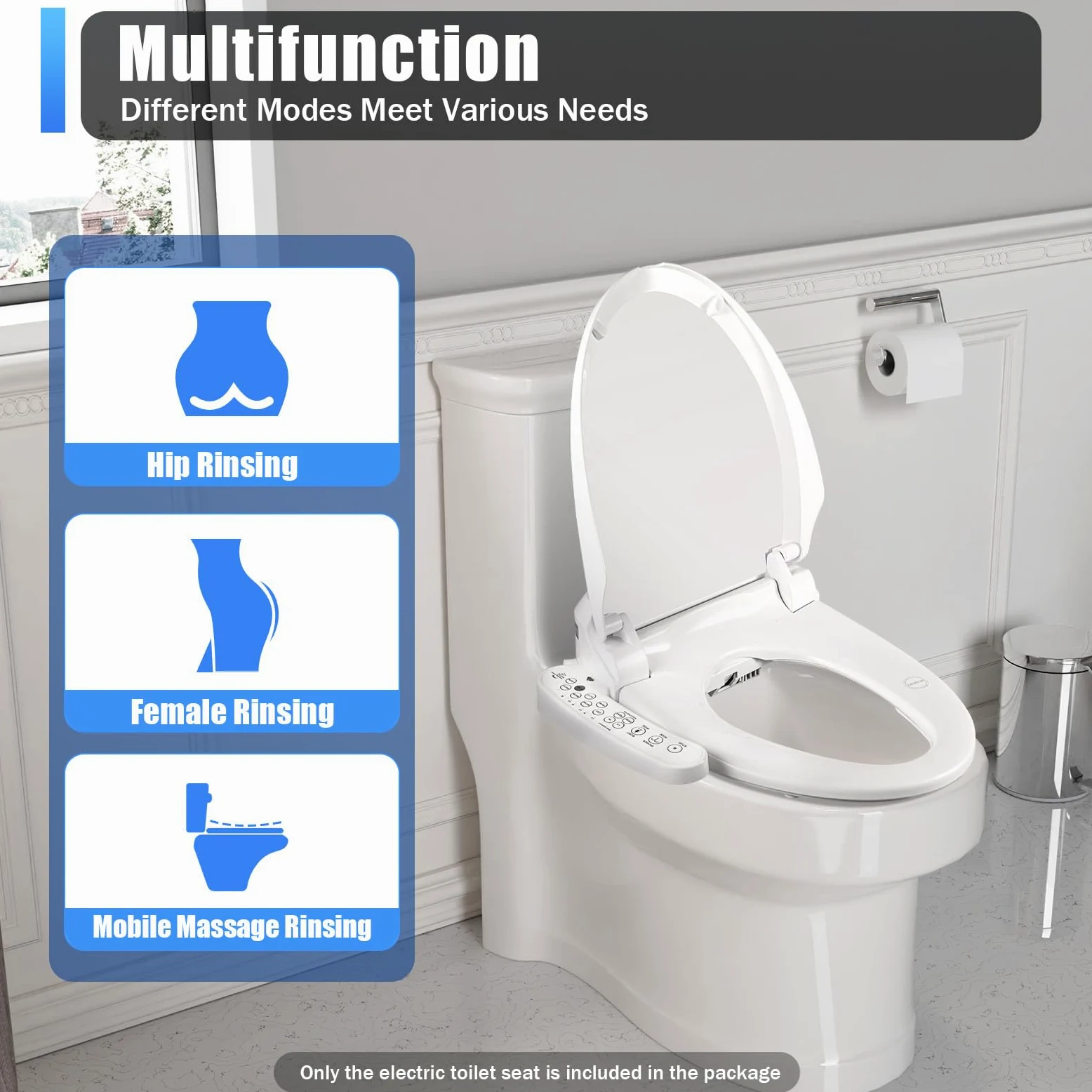 WC intelligente elettrico, toilette con dispositivo di pulizia deodorizzazione automatica temperatura regolabile massaggio intelligente per casa di cura hotel, bianco