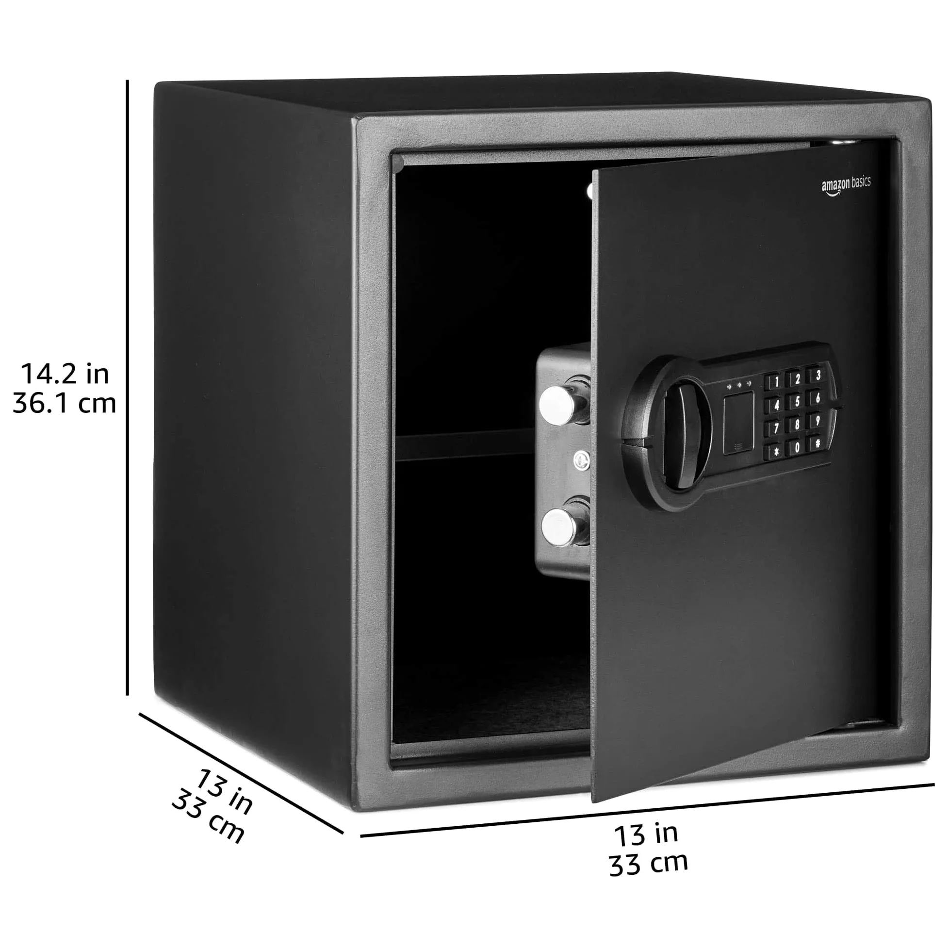 Amazon Basics Cassaforte elettronica in acciaio con serratura digitale programmabile, per gioielli, denaro e oggetti di valore, 34 l, 33 x 33 x 36 cm (larghezza x profondità x altezza), nero