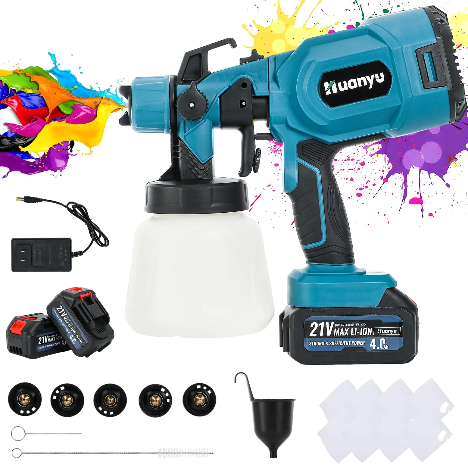 Huanyu Spruzzatore di vernice a batteria con 2 batterie da 21V 4.0Ah e 5 ugelli pistola a spruzzo per verniciare da 900 ml con 3 modelli pistola a spruzzo elettrico per la pittura di mobili domestici
