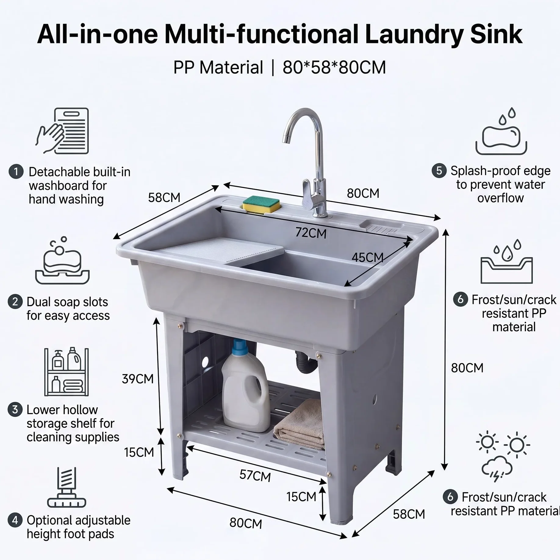 Lavatoio da Esterno in Plastica PP, 80X58X80CM Mobile Lavandino da Lavanderia Portatile, Lavello Biancheria Indipendente, Lavabo Lavapanni con Asse Rimovibile, per Interno, Garage, Giardino, Cantina