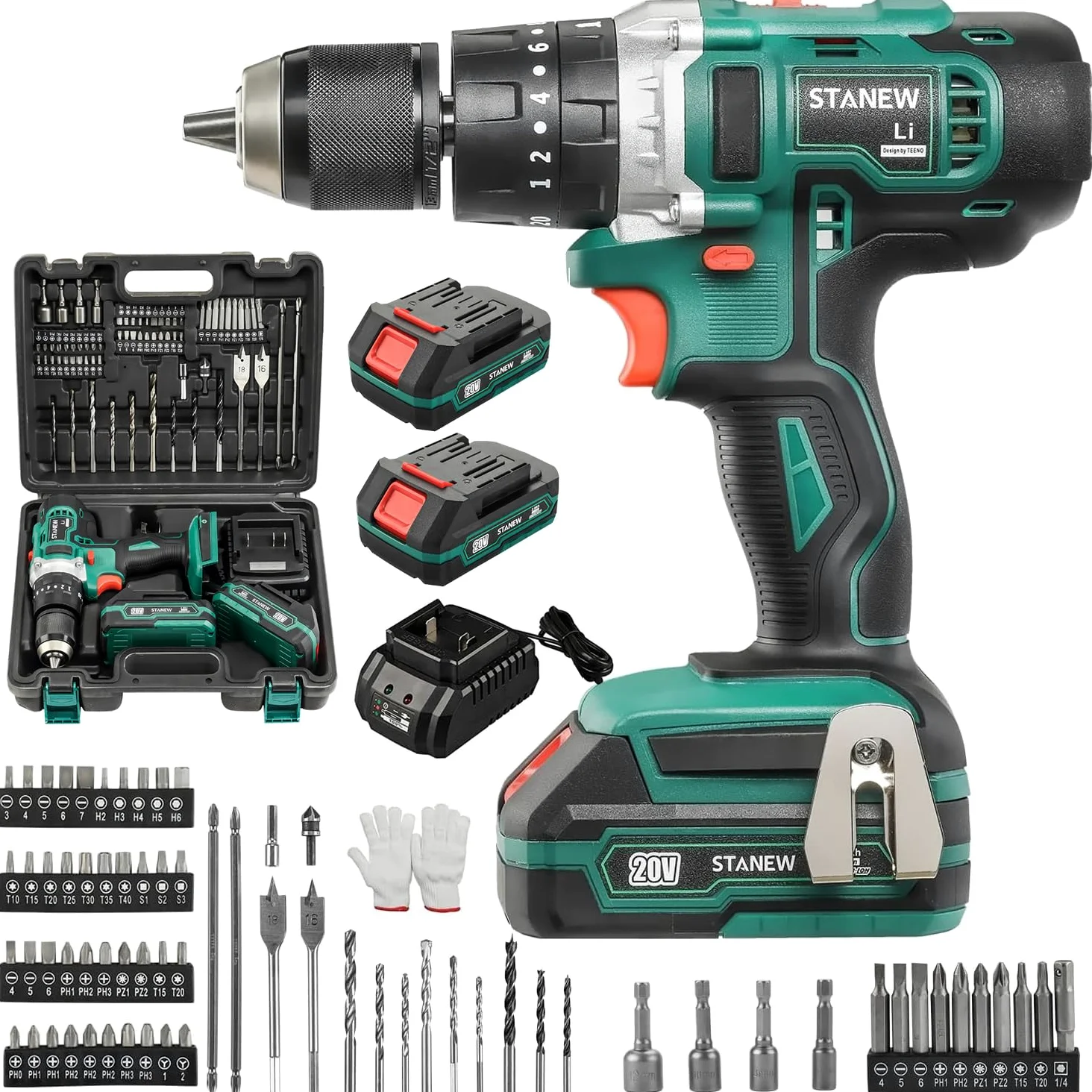 Trapani a percussione, STANEW 20V Li Trapano a Batteria,trapano a percussione 20 + 3 impostazioni,2 Batterie-1.5Ah e Valigetta,45 Nm,69 accessori+guanti professionali +valigia