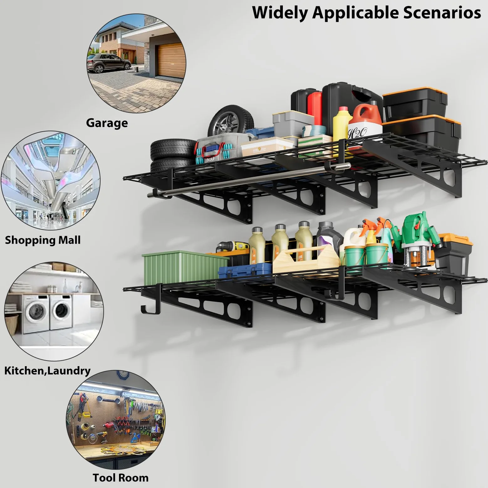 Set 2 Mensole Porta Attrezzi Da Parete Per Garage – Scaffali Industriali in Metallo, Portata 800kg – Ideale Per Officina, Magazzino, Cantina – Organizzazione Spazi, 2x4/2x6 ft