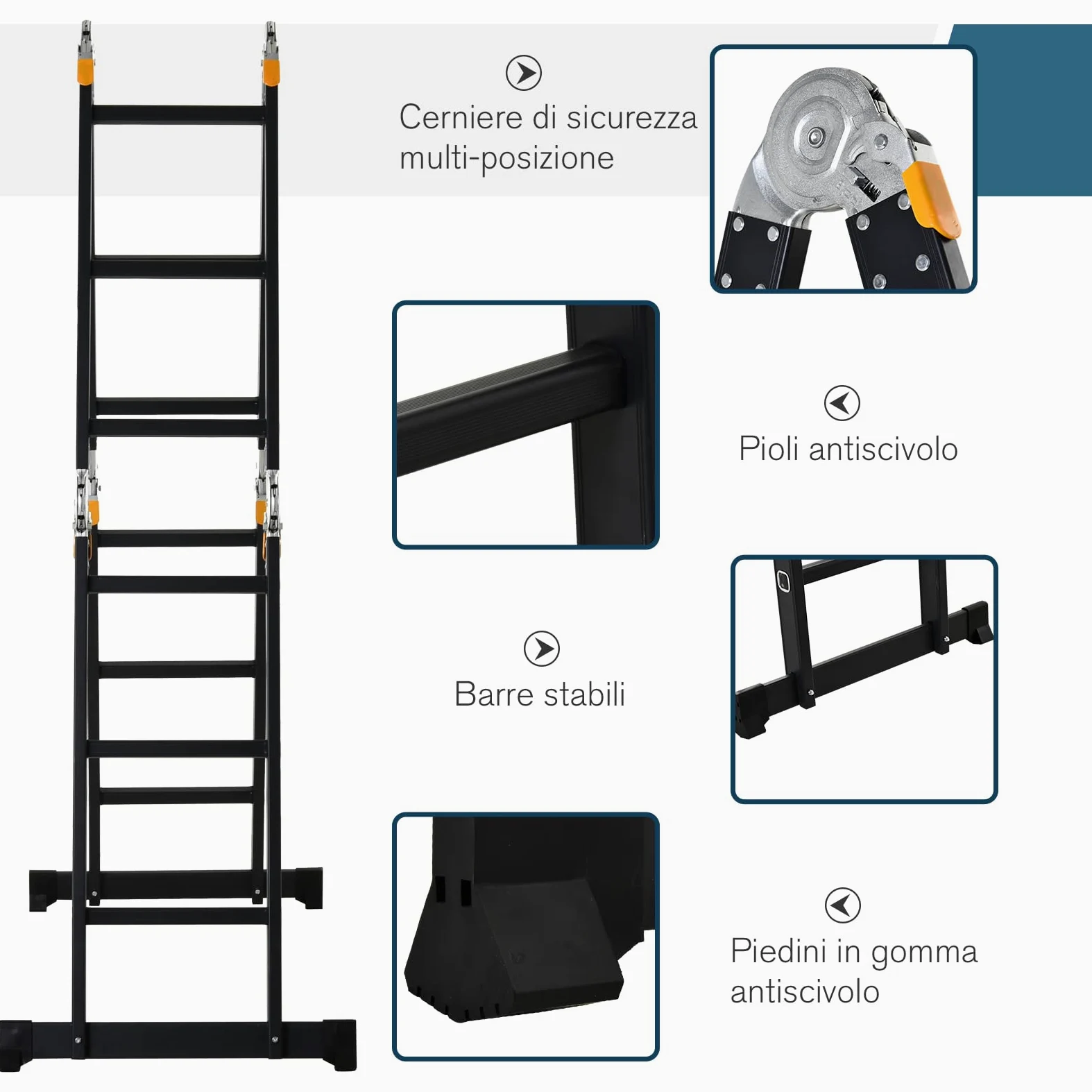 DURHAND Scala in Alluminio 5 in 1 Nera con 2 Pannelli di Sostegno, Scala Pieghevole per Interni ed Esterni, Carico Massimo 150kg, 370x61x11 cm