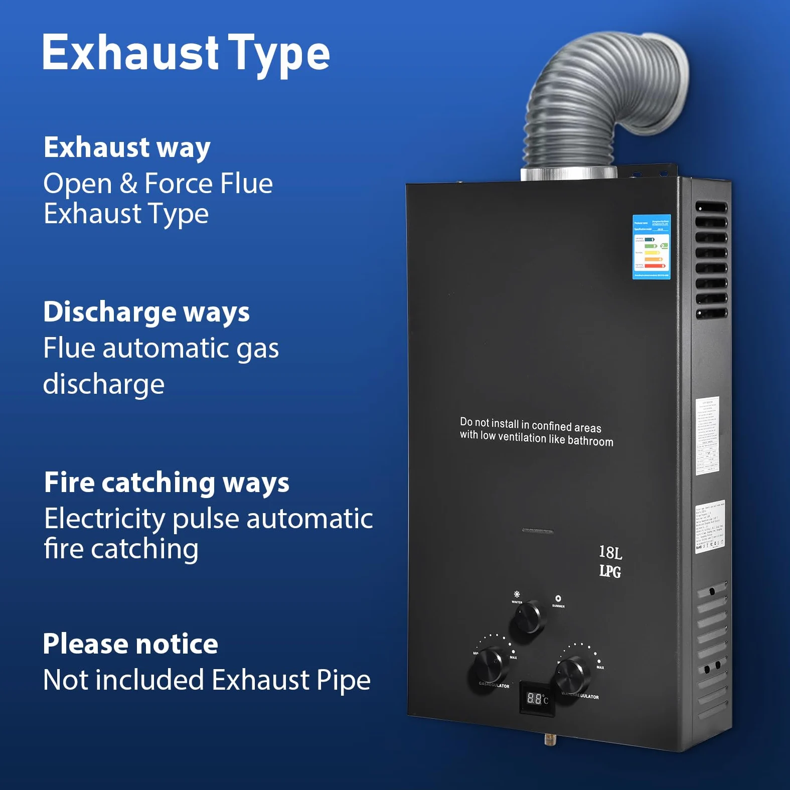 GPL 10L Scaldabagno a Gas Propano, Scaldabagno Istantaneo Senza Serbatoio da 20KW con Kit Doccia, Bruciatore per Caldaia per Campeggio, Camper, Casa (Nero)