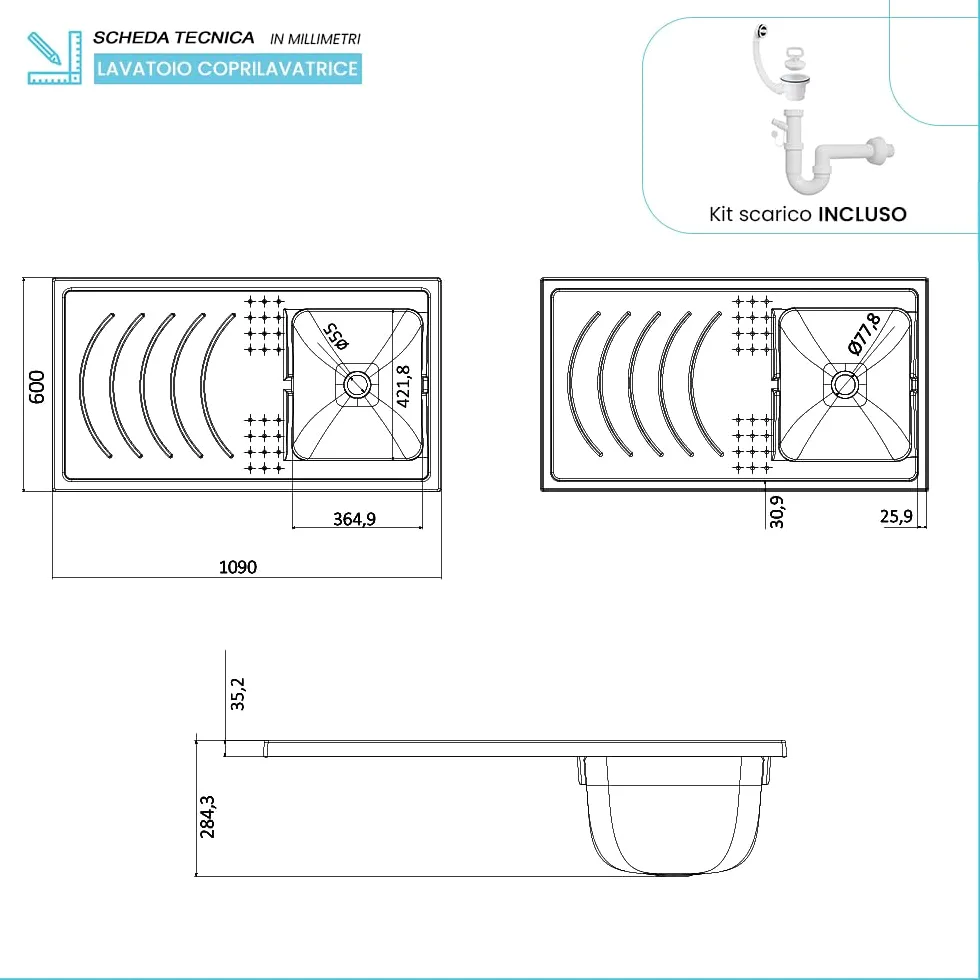 Inbagno Lavatoio e Coprilavatrice con Mobile in PVC 109x60x85 cm Bianco Vasca Destra