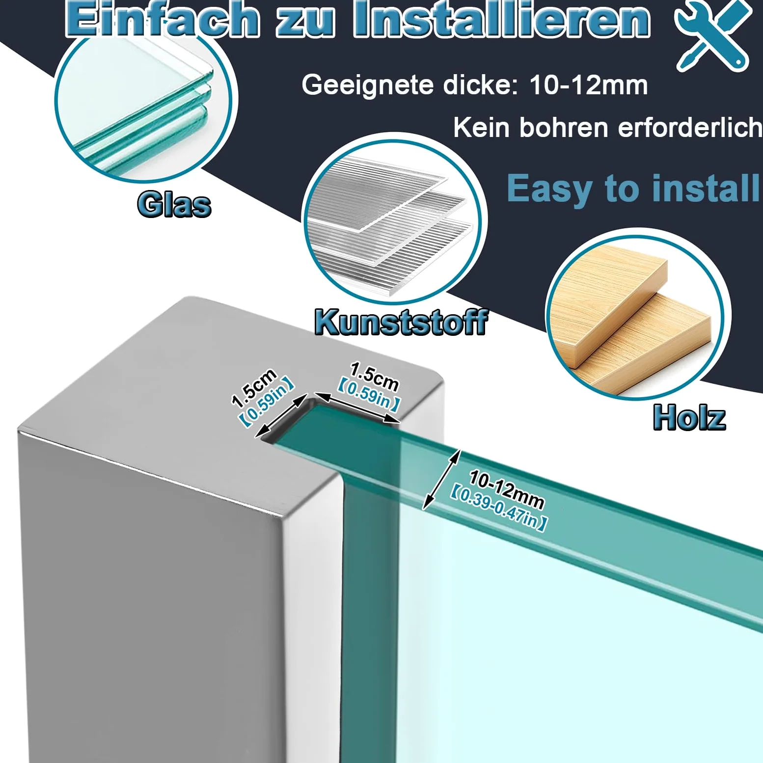 Pali per Ringhiere in Vetro in Balaustra, Sistema di Ringhiera, Stabilizzatore Intermedio, Morsetto per Vetro, 95 cm, Argento