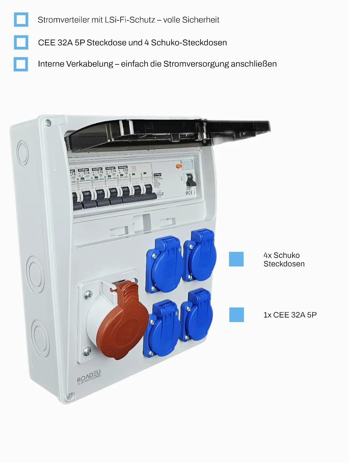 RoadEu- Quadro Elettrico di Distribuzione Industriale, presa CEE 32A con 4 prese Schuko da 230 V. Distributore di presa con interruttore di corrente residuale e interruttore automatico