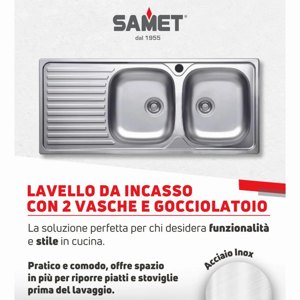 Lavello cucina due vasche acciaio da incasso gocciolatoio sx 50x116 cm