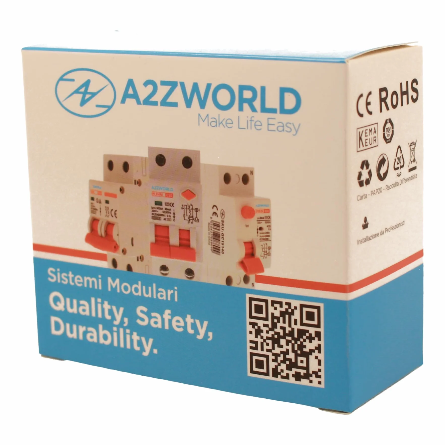 Interruttore Magnetotermico Differenziale Con Riarmo Automatico, RCBO Tipo A Curva C, Idn 300mA / 0.3A, In 20A, 2P Veri 6kA, 3 Moduli, con 3 Tentativi di Riarmo (10s/60s/300s)