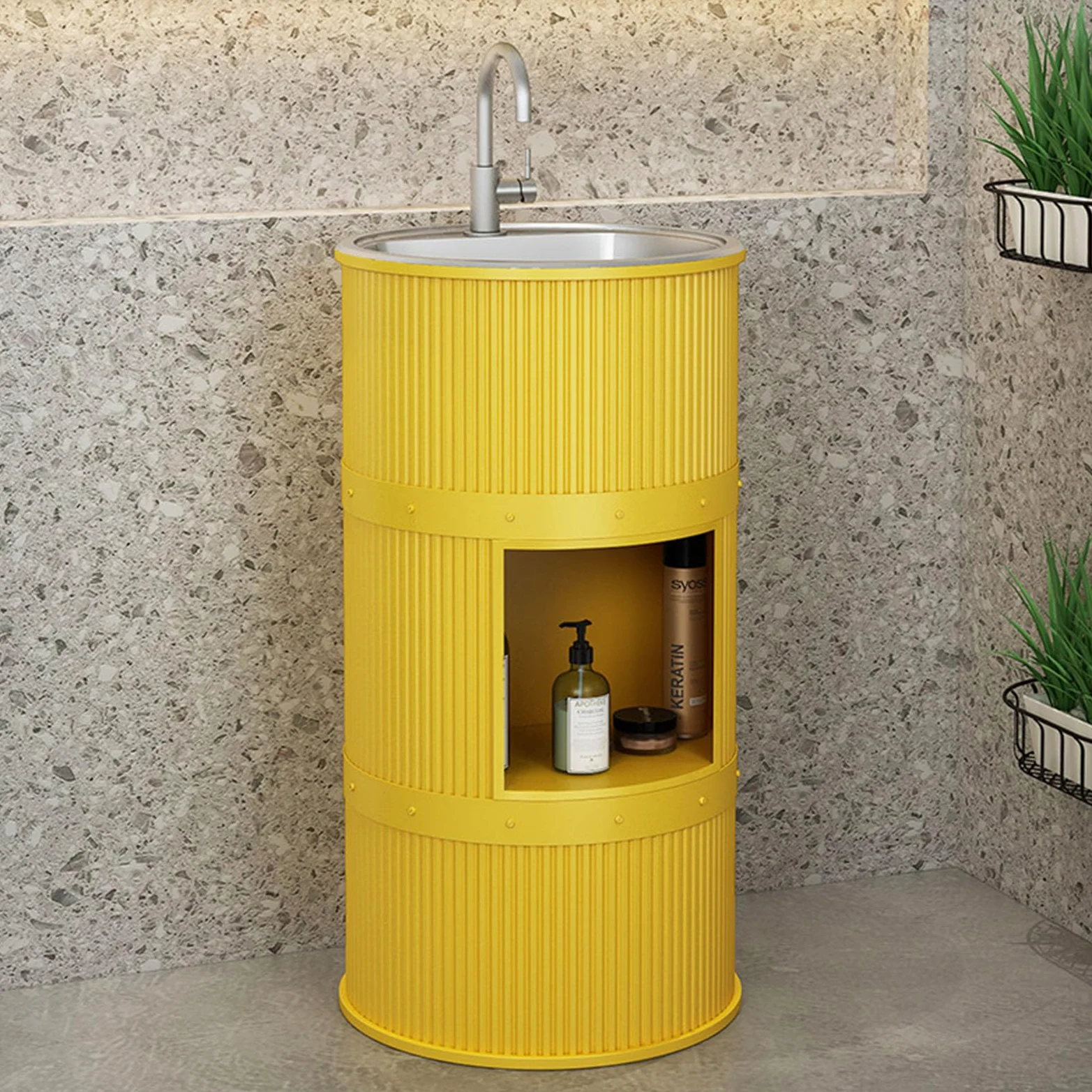 Lavandino a Colonna Moderno in Ferro Battuto, Mobile da Bagno con Lavabo in Acciaio Inox, Lavandino su Piedistallo Freestanding Set con Rubinetto e Scarico (con contenitore,Giallo)
