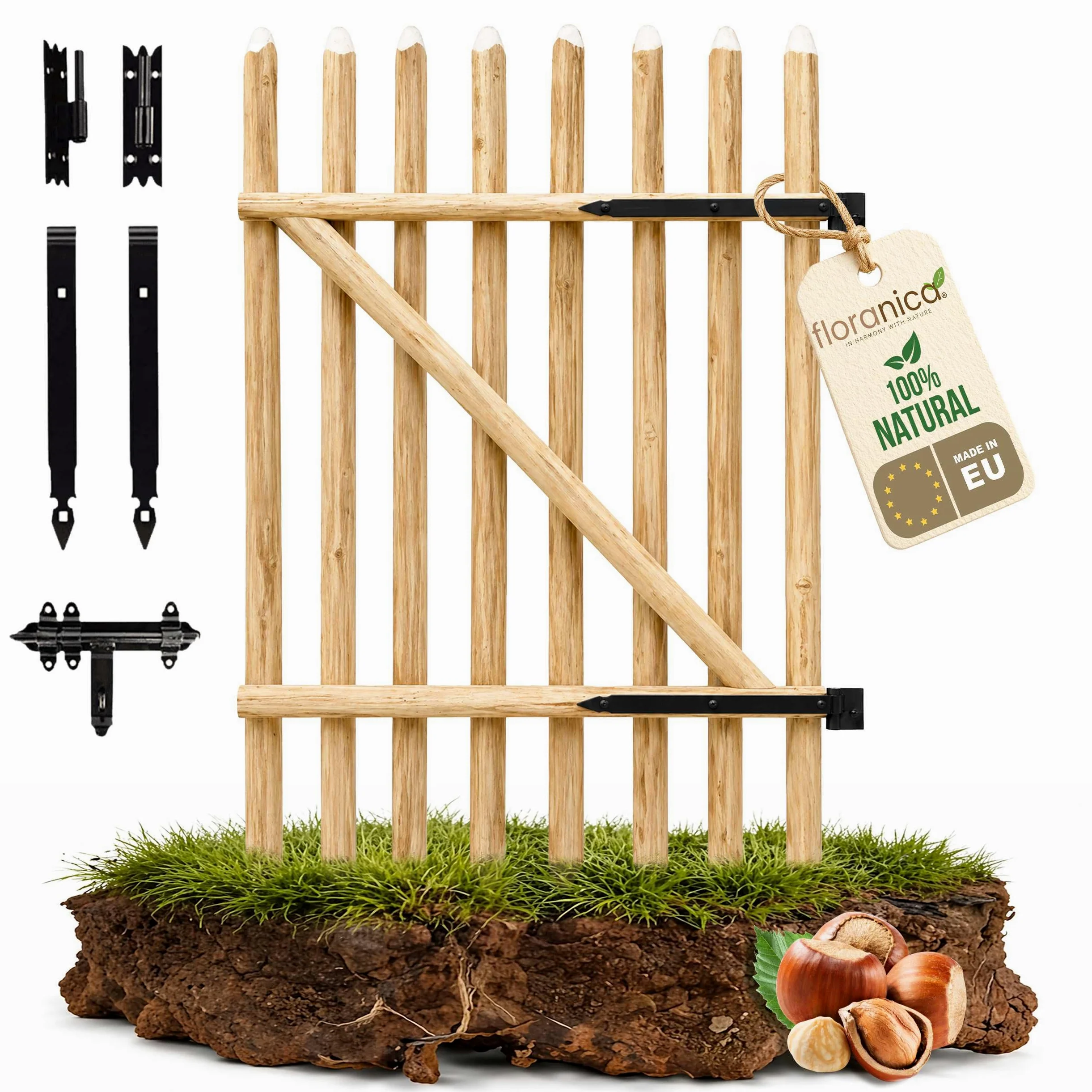 Floranica Cancello da giardino in legno di nocciolo per recinzione a paletti Altezza 115 cm x 100 cm 1 anta – pronto al montaggio incl. cerniere