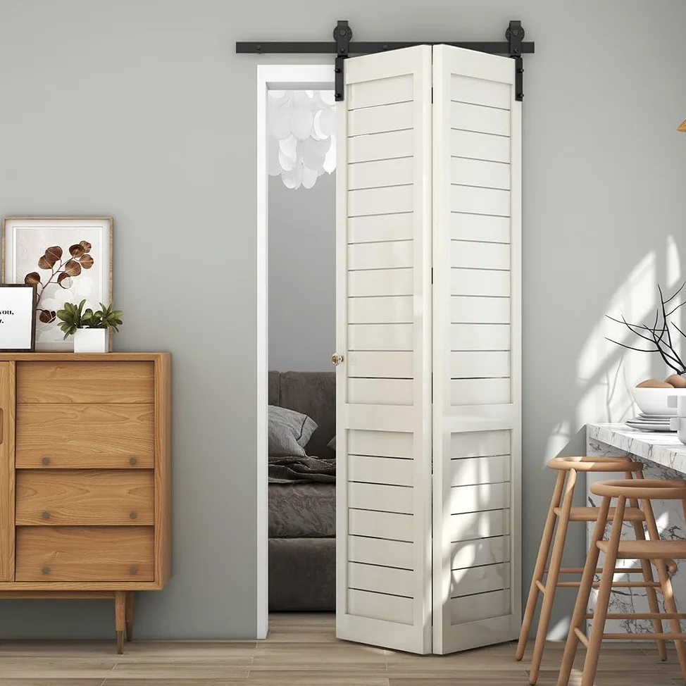TSMST Set completo per sistema di porta scorrevole a doppia piega 107cm/3.5FT, set di binari per porta a fienile salvaspazio per 2 porte, stile base, liscio e tranquillo (senza porta)
